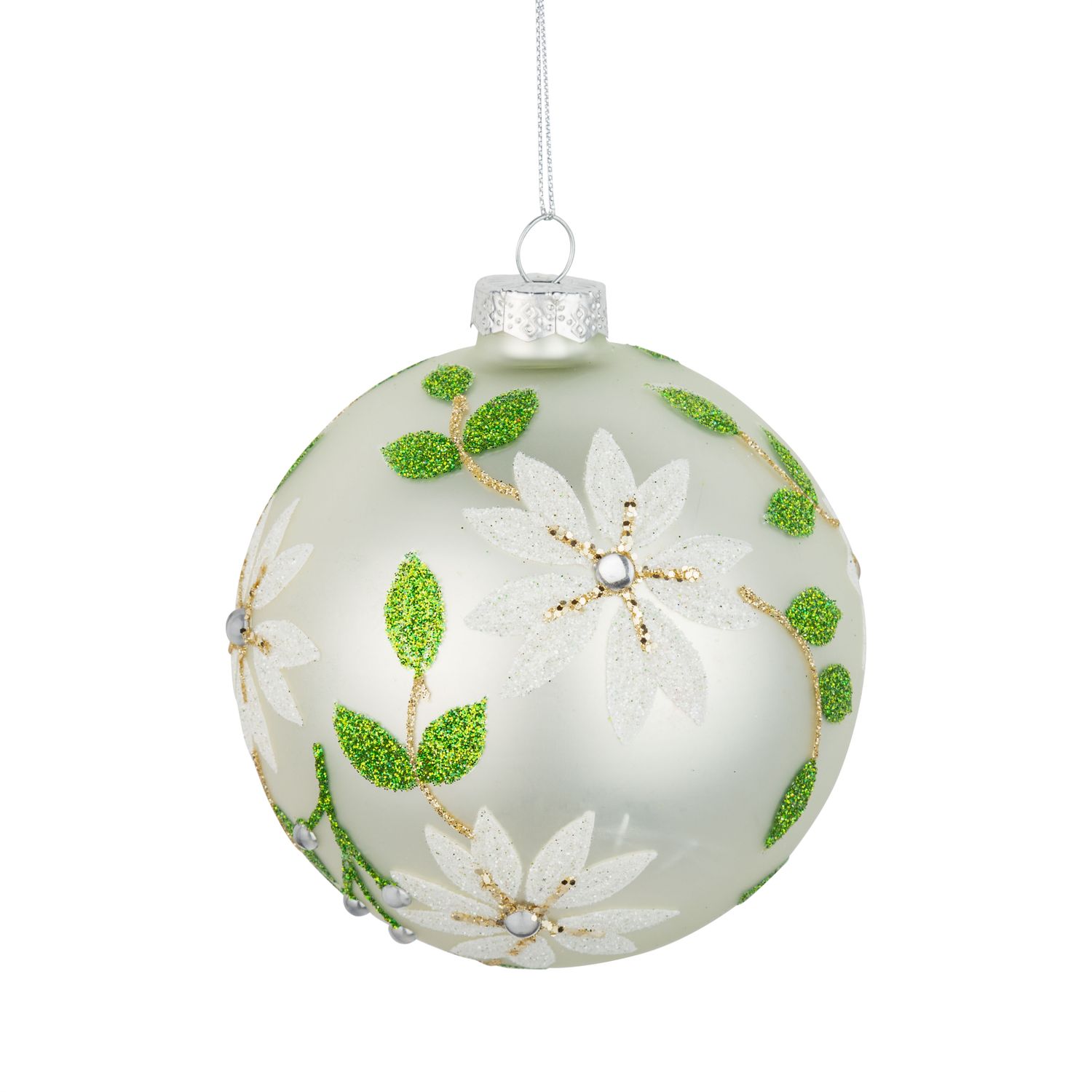 Glass ball ornament, matte white with white and green glitter floral pattern, 100 mm/4 in  12      