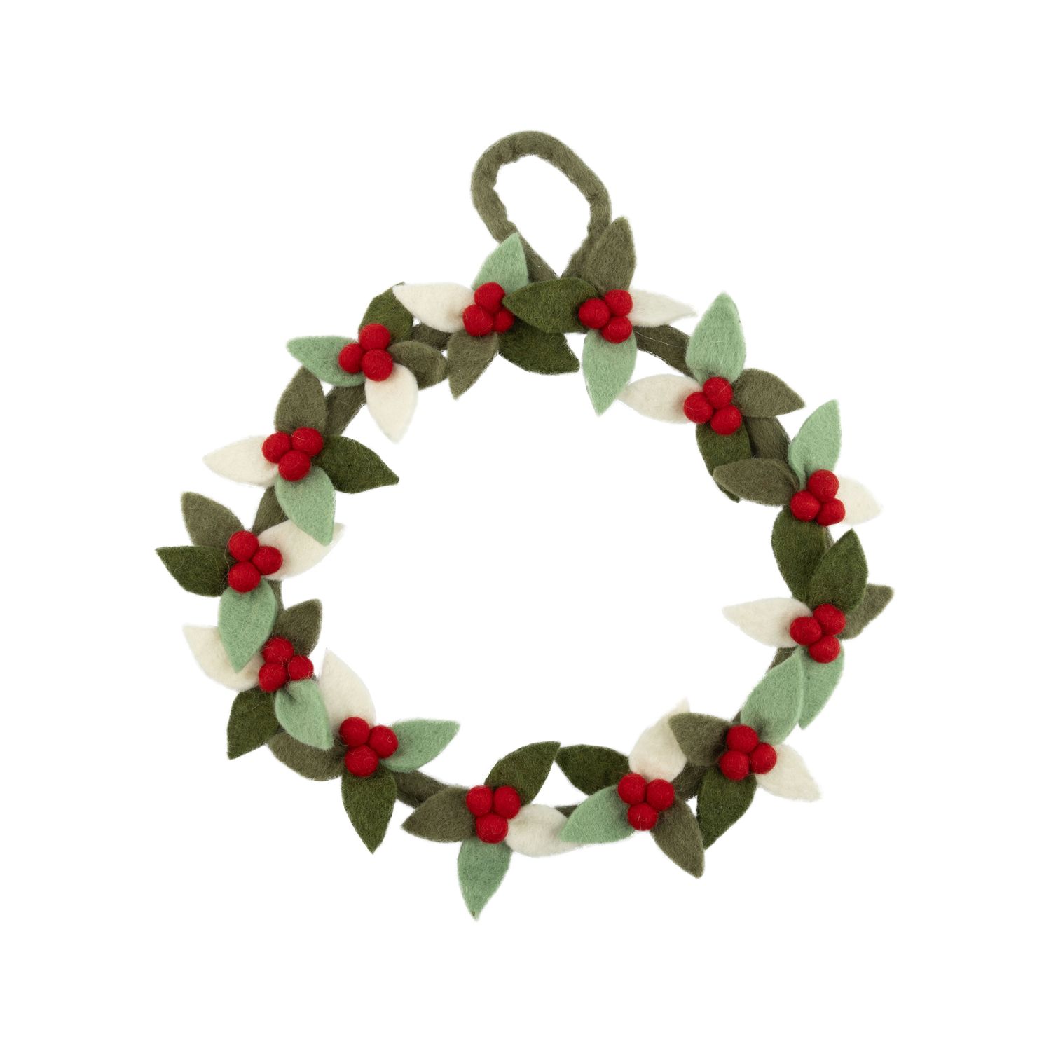 Felt wreath with green and white leaves, red berries, 12 in  3      