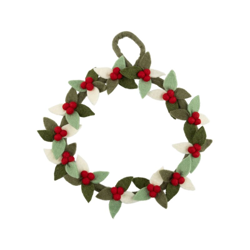 Felt wreath with green and white leaves, red berries, 12 in  3      