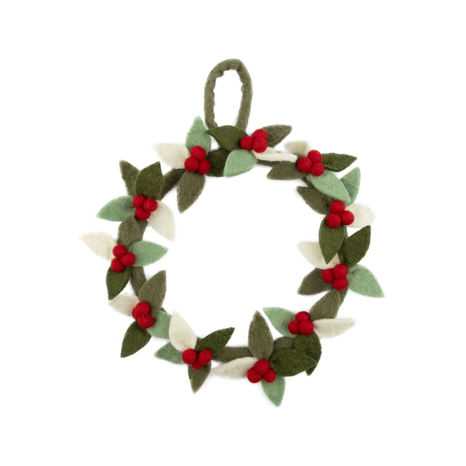 Felt wreath with green and white leaves, red berries, 10 in  3      