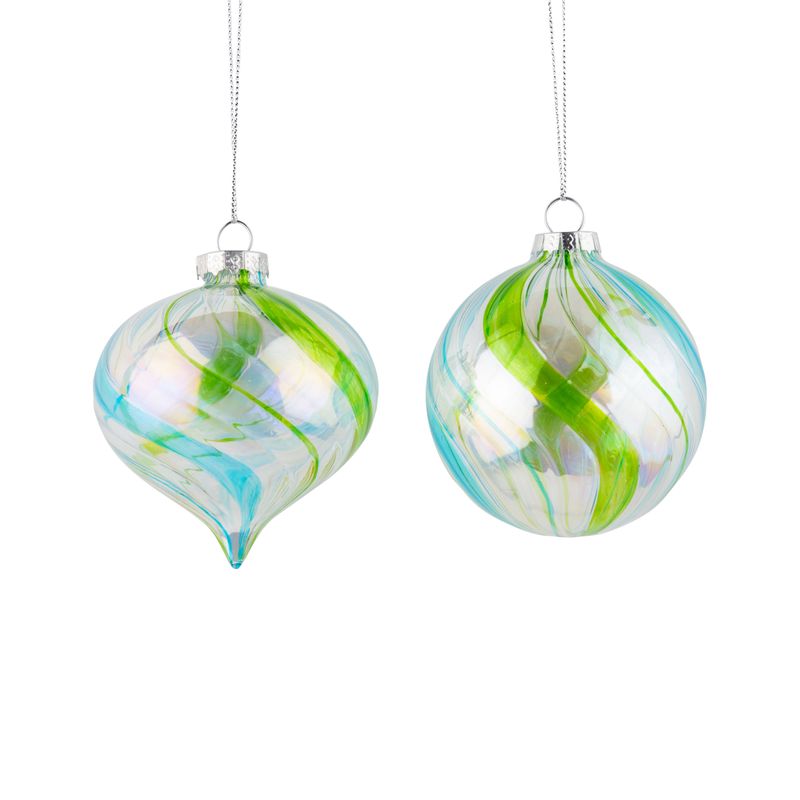 3 Asst&#39;d swirled glass ornaments, clear with pastel blue and green accents, 3-4.5 in  12      