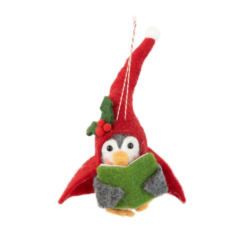 Felt penguin ornament in red cape and Santa hat holding a green book, 4.5 in  6      