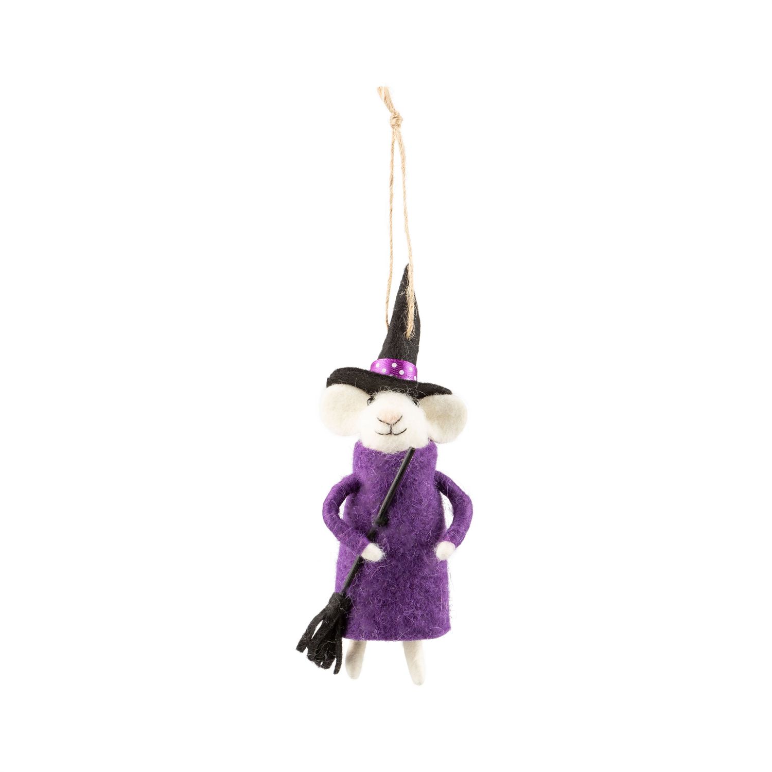 White felt mouse in purple witch outfit ornament, 5.5 in  6      