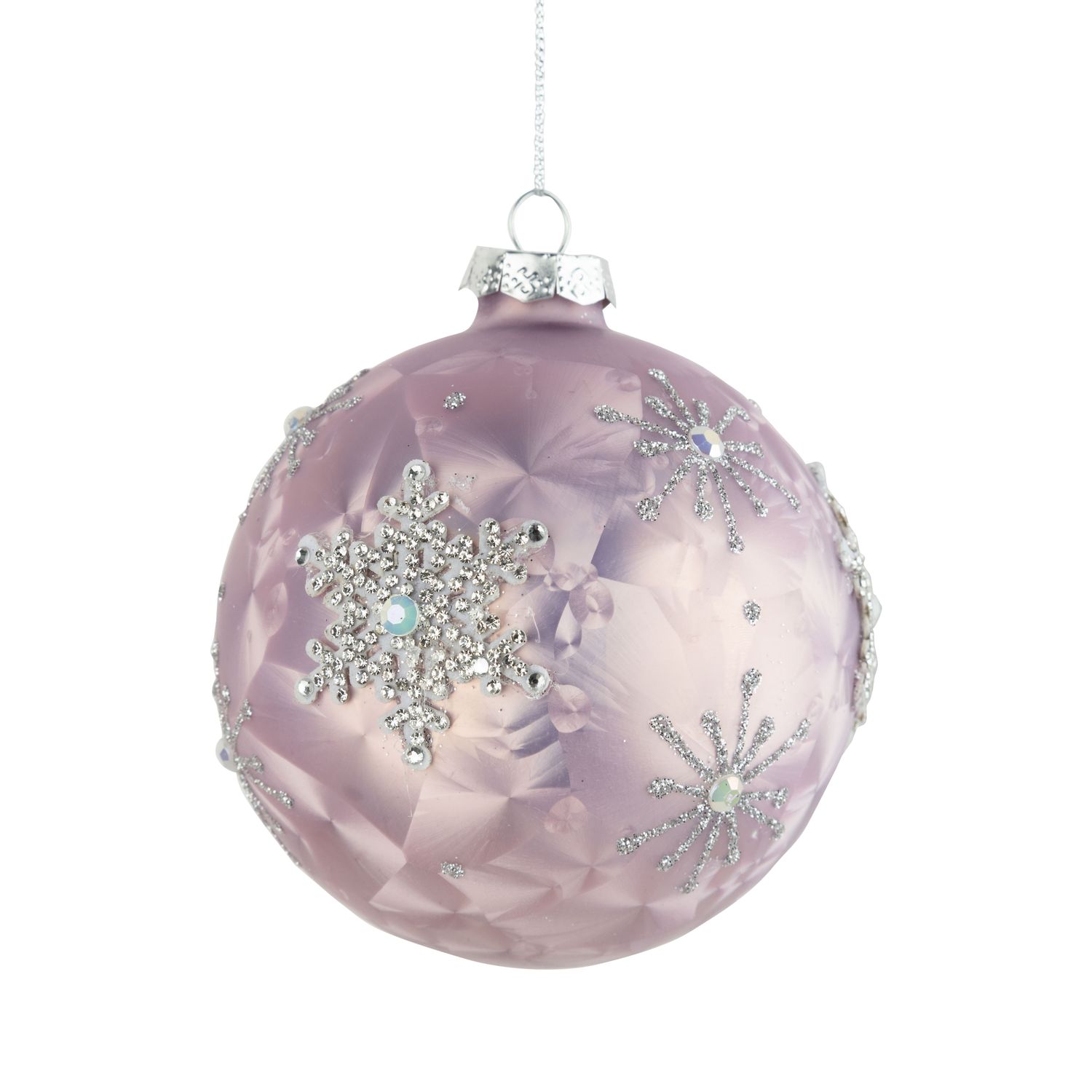 Glass ball ornament, pale lavender with silver glittered snowflakes, 100 mm/4 in  12      