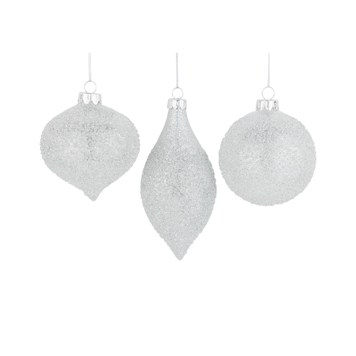 3 Asst&#39;d silver glitter-glass ornaments, 3+5.25 in  24      