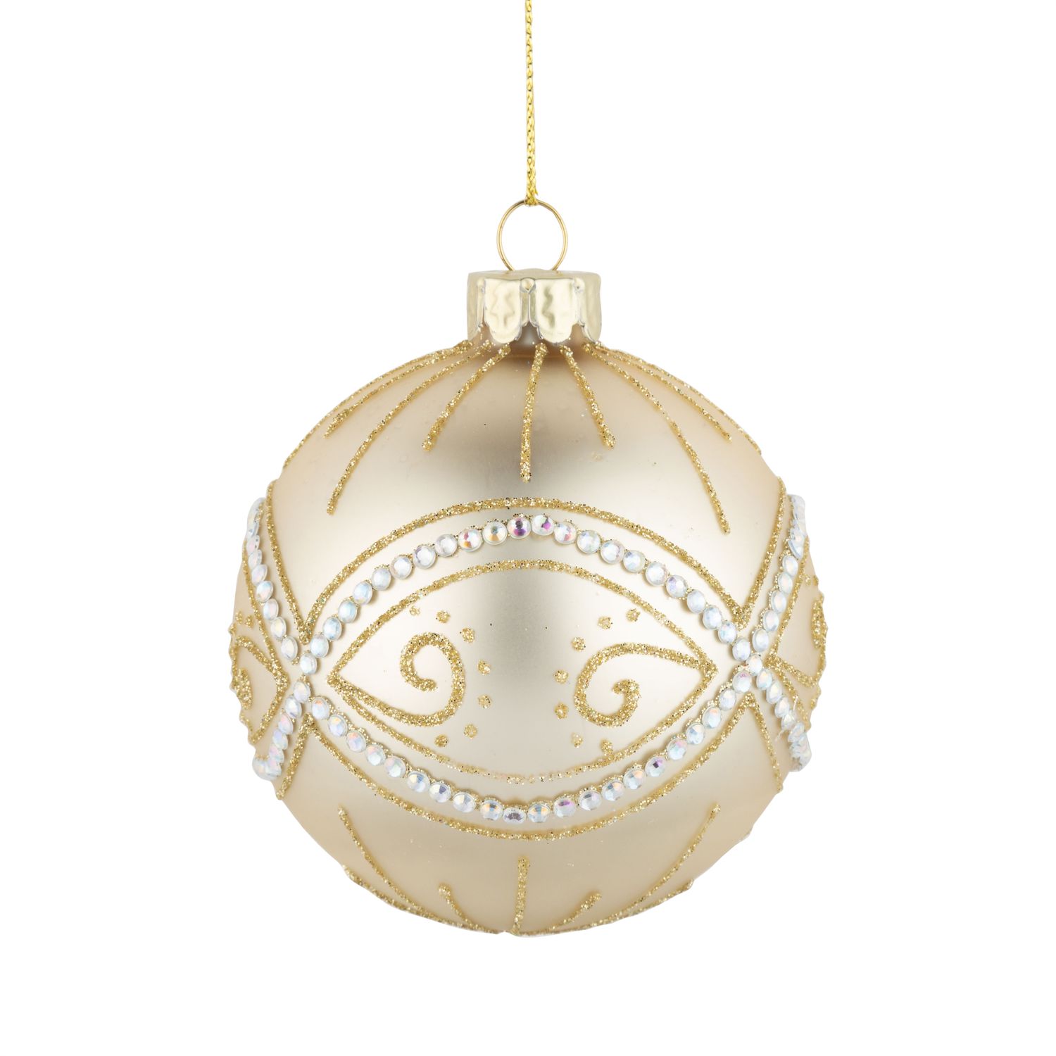 Glass ball ornament, matt pale gold ball with glitter swirl and diamante accents, 80 mm/3 in  12      