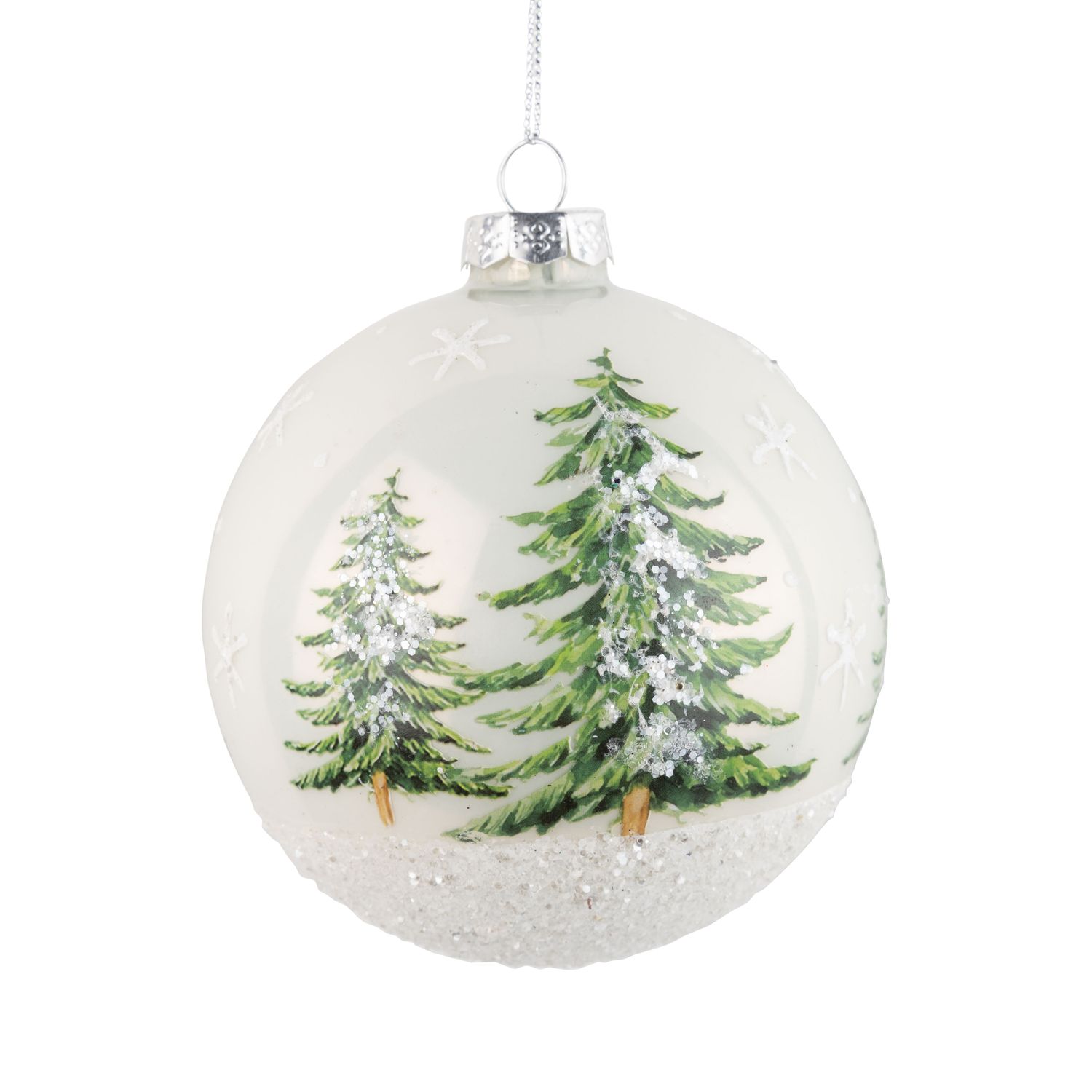 Glass ball ornament, shiny white with tree motif and white glitter 100 mm/4 in  12      