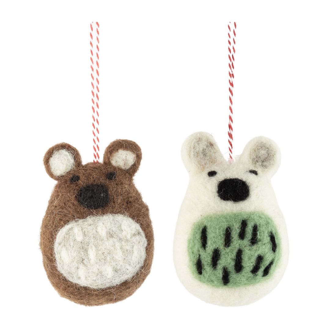 2 Asst&#39;d felt bear ornaments, white/green and brown/cream, 2.85 in  12      