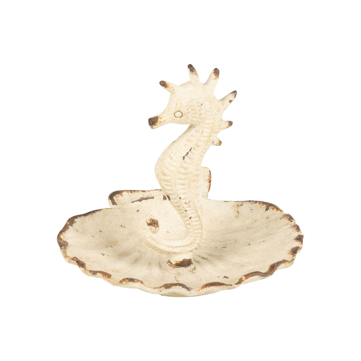 Antique cream cast iron seahorse in shell trinket tray, trinket dish, 4 in  6       