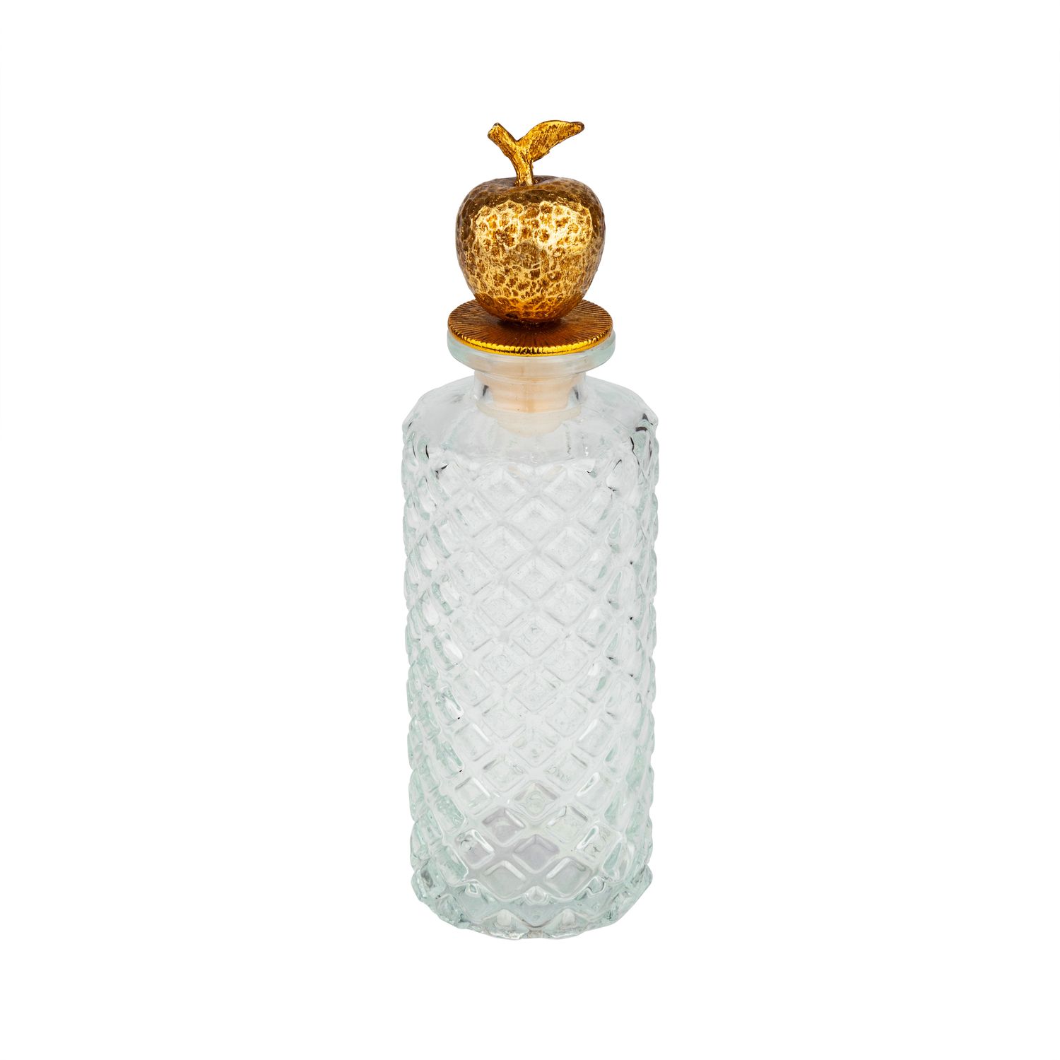 Molded glass bottle with brass gold apple -shaped stopper, 7 in  6       