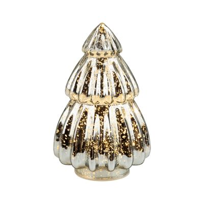 Shiny antique silver glass tiered tree table piece, LED lights, 6 in  6