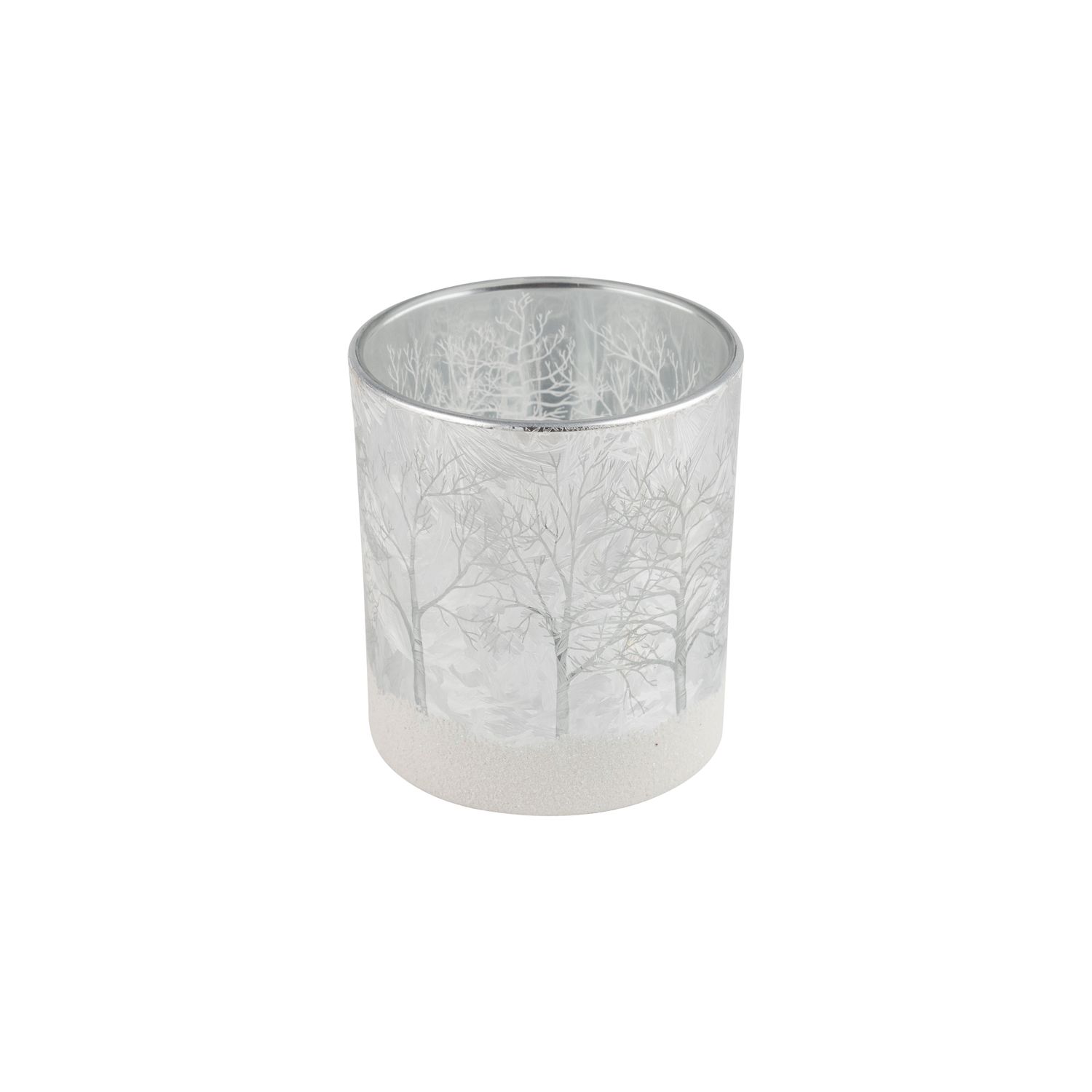 Glass holder table piece, frosted silver exterior, glitter base and forest and reindeer pattern, silver interior, 3 in  6