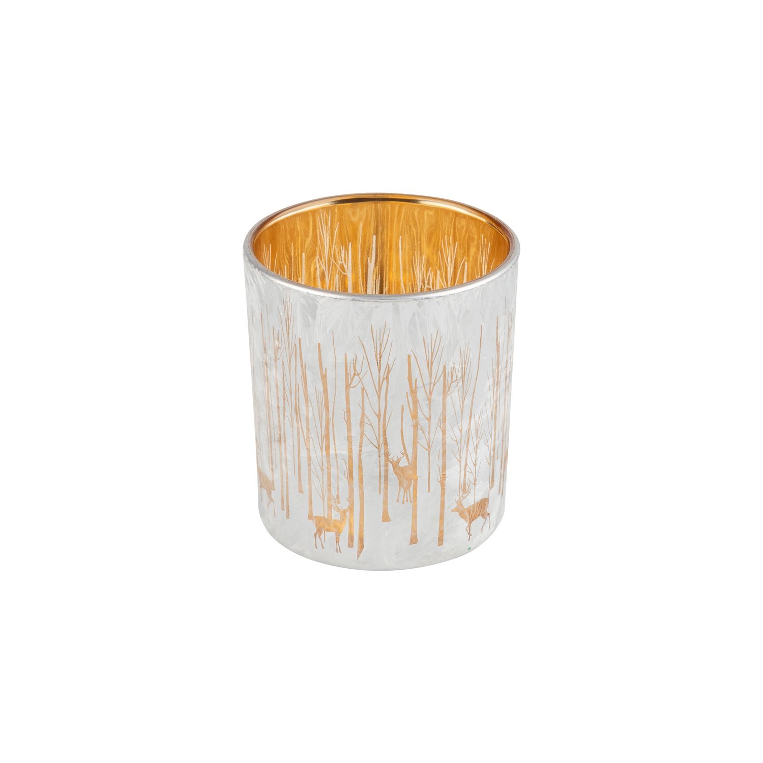 Glass holder table piece, frosted silver exterior with forest and reindeer pattern, pale gold interior, 3 in  6