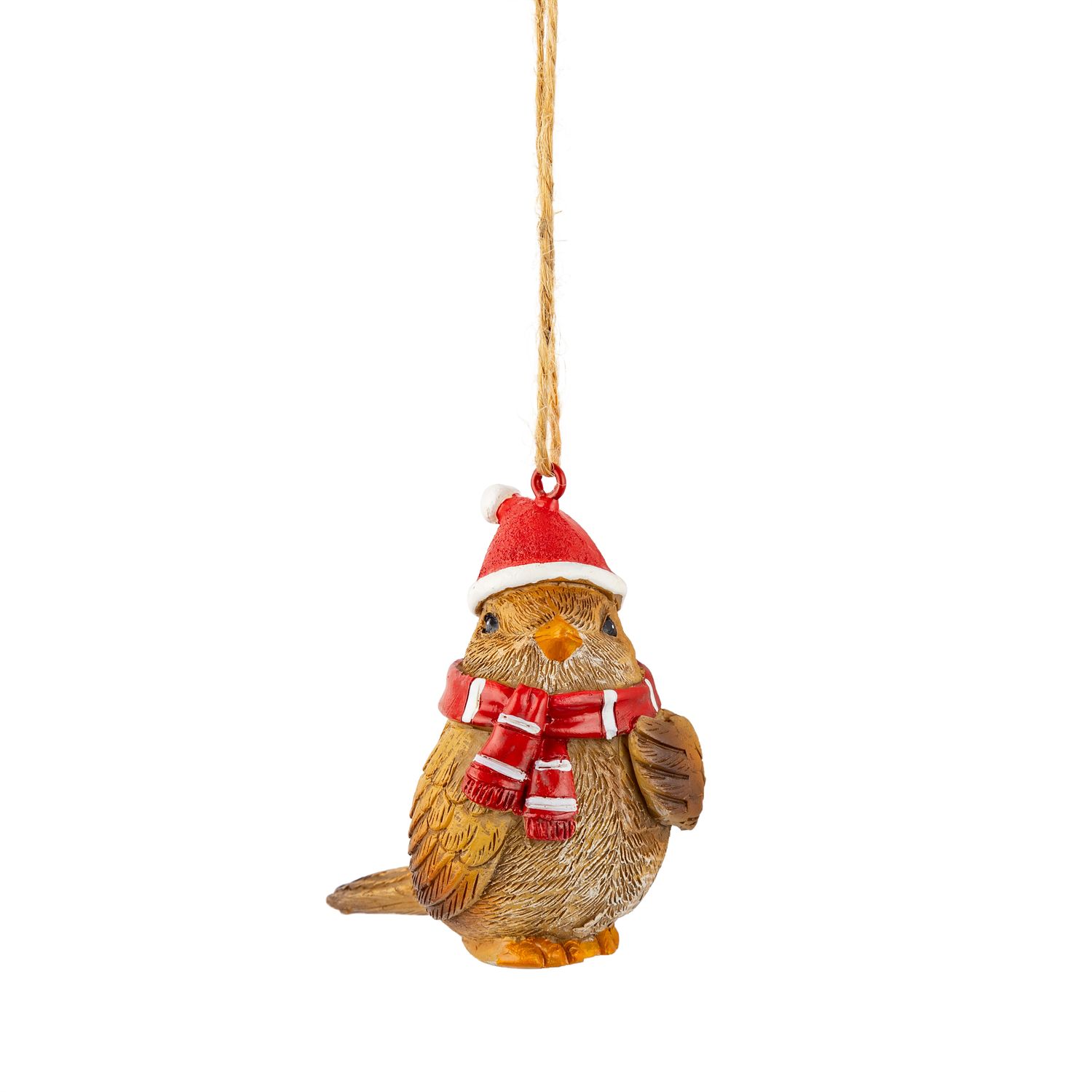 Painted resin bird with red scarf and hat ornament, 2.2 in  24      