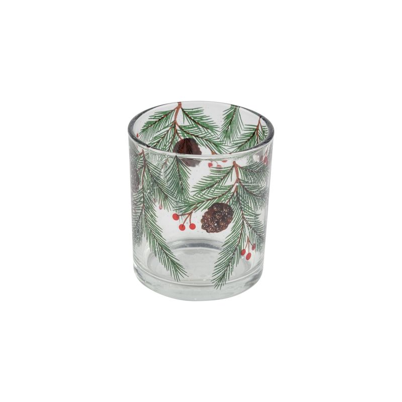 Glass holder table piece, clear with pine boughs, cones and berries, 3 in  12