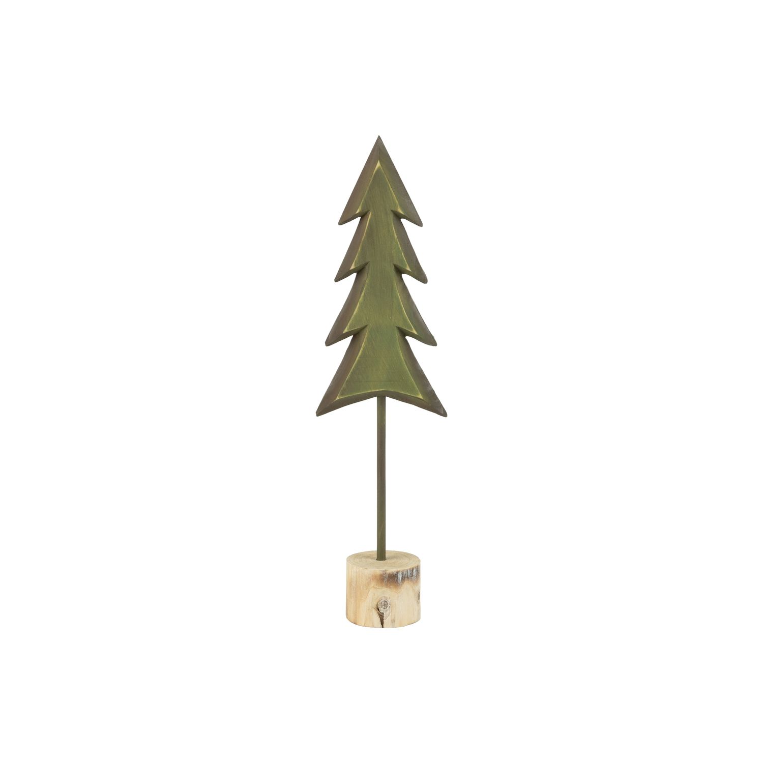 Green stained wood tree with metal trunk and rustic wood base, 16 in  4      