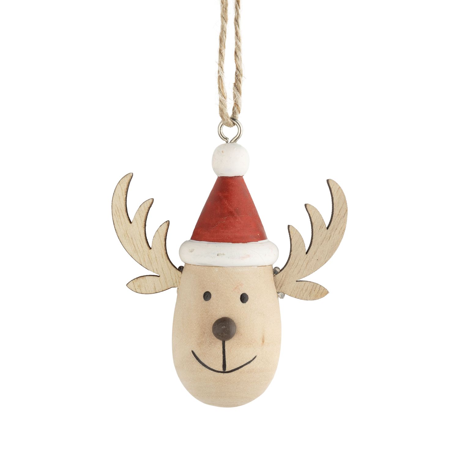Wood reindeer with painted wood antlers and red hat ornament, 3 in  24      