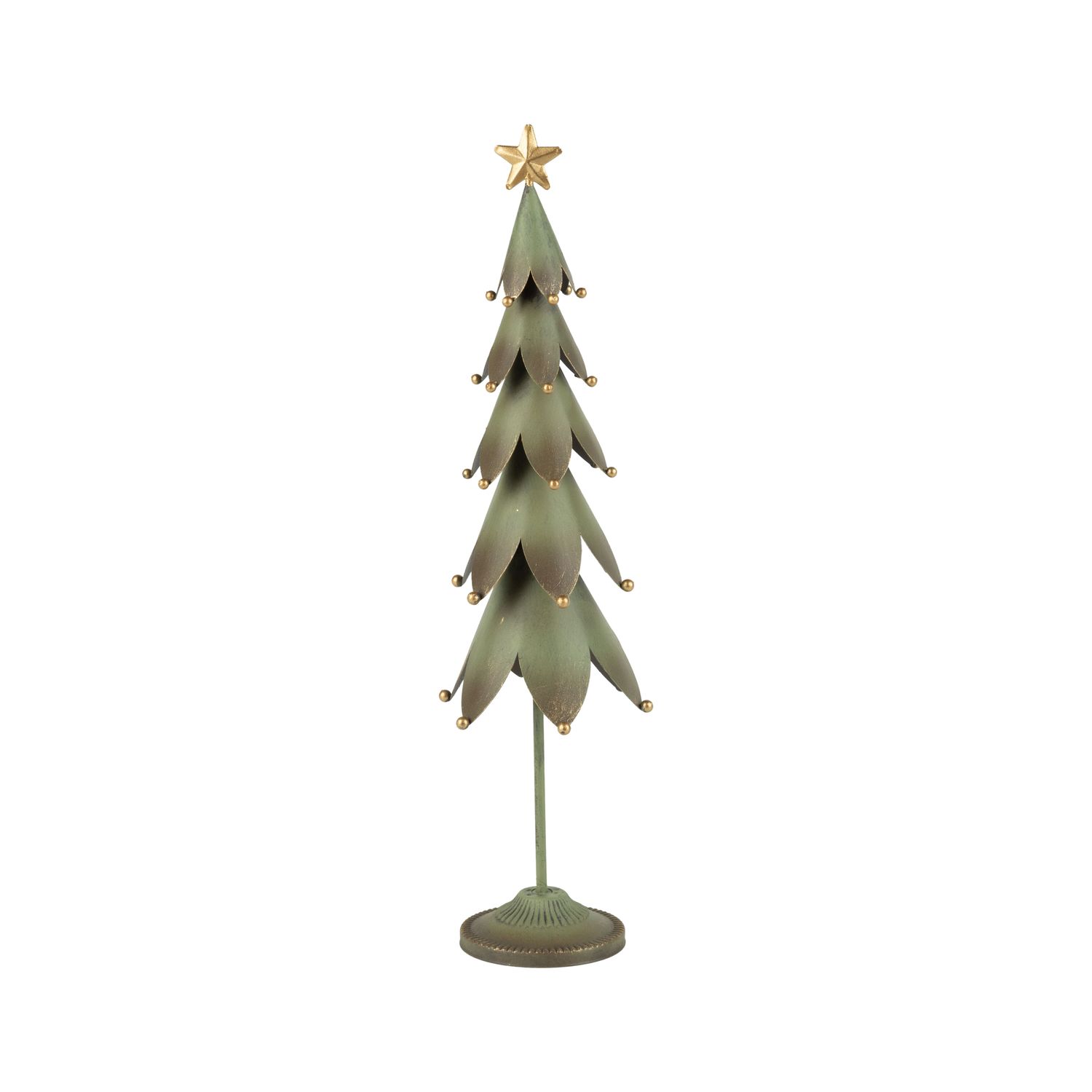 Painted metal tiered tree table piece, green and gold, 15.7 in  4      