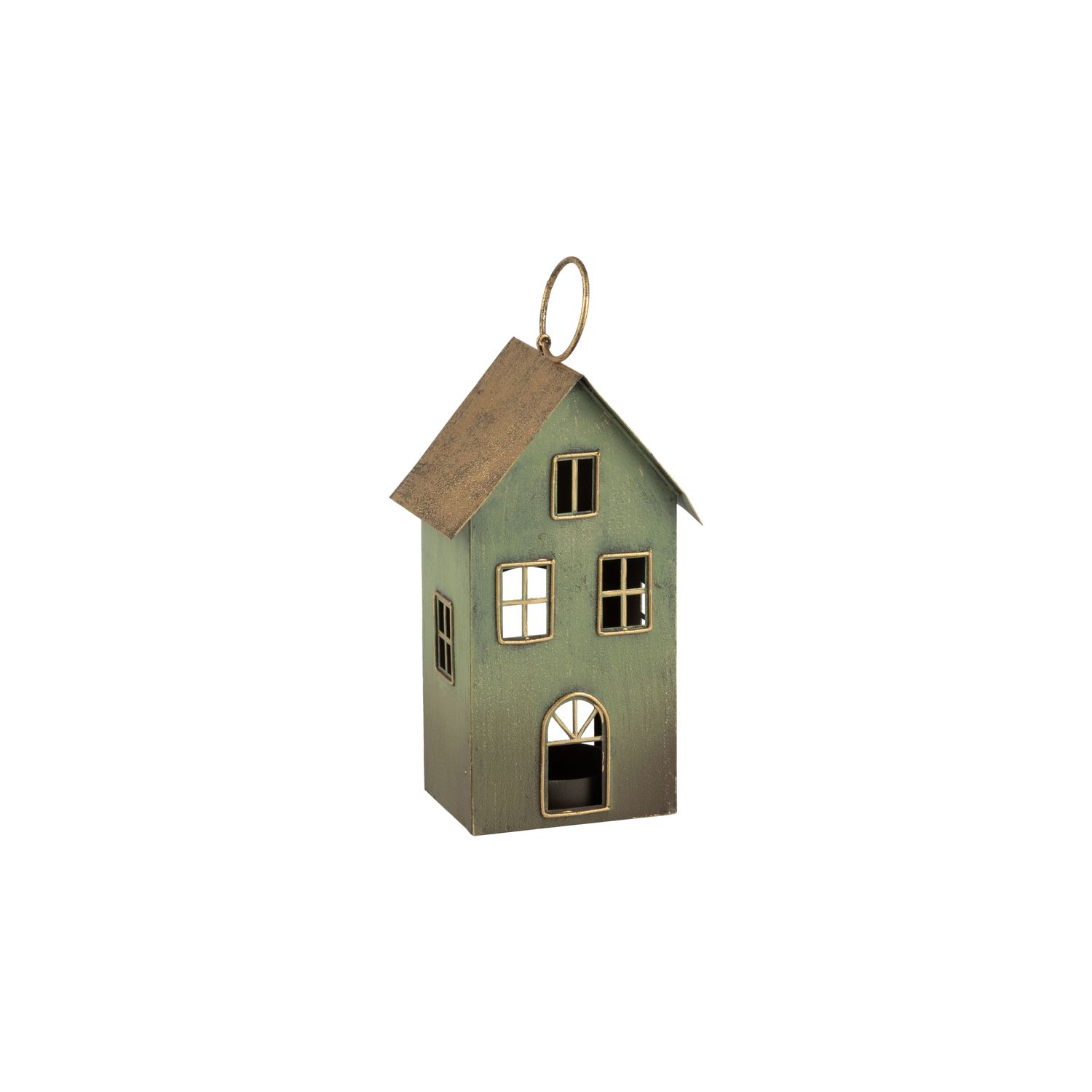 Painted metal house candle holder, green and gold with hanger, 6.7 in  4