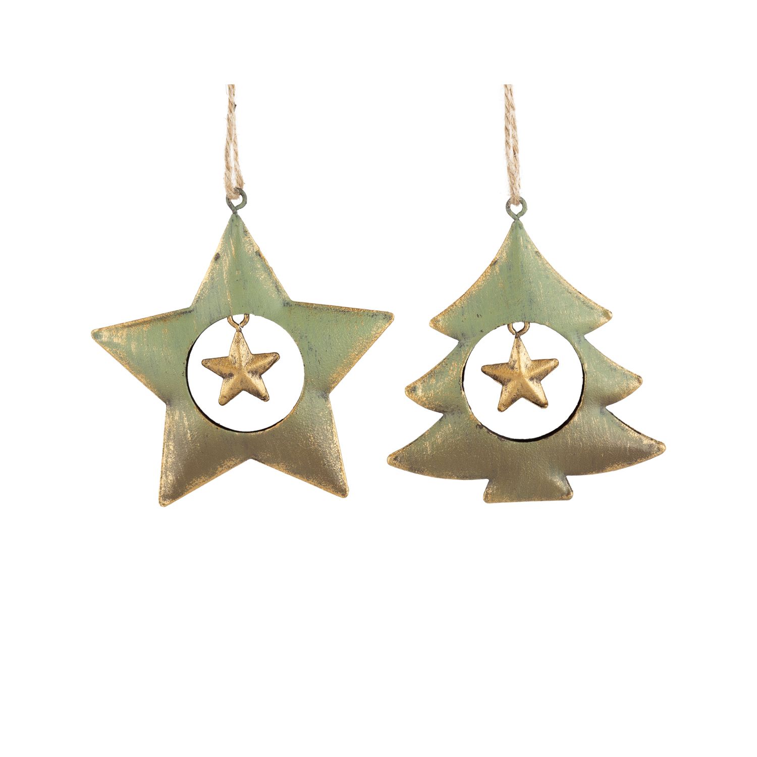 2 Asst&#39;d painted metal star and tree ornaments with inset star, green and gold, 3.7 in  12      