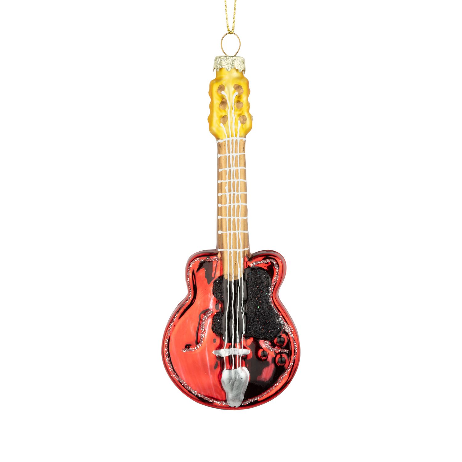 Glass acoustic guitar ornament, red, black and gold, 6 in  6      
