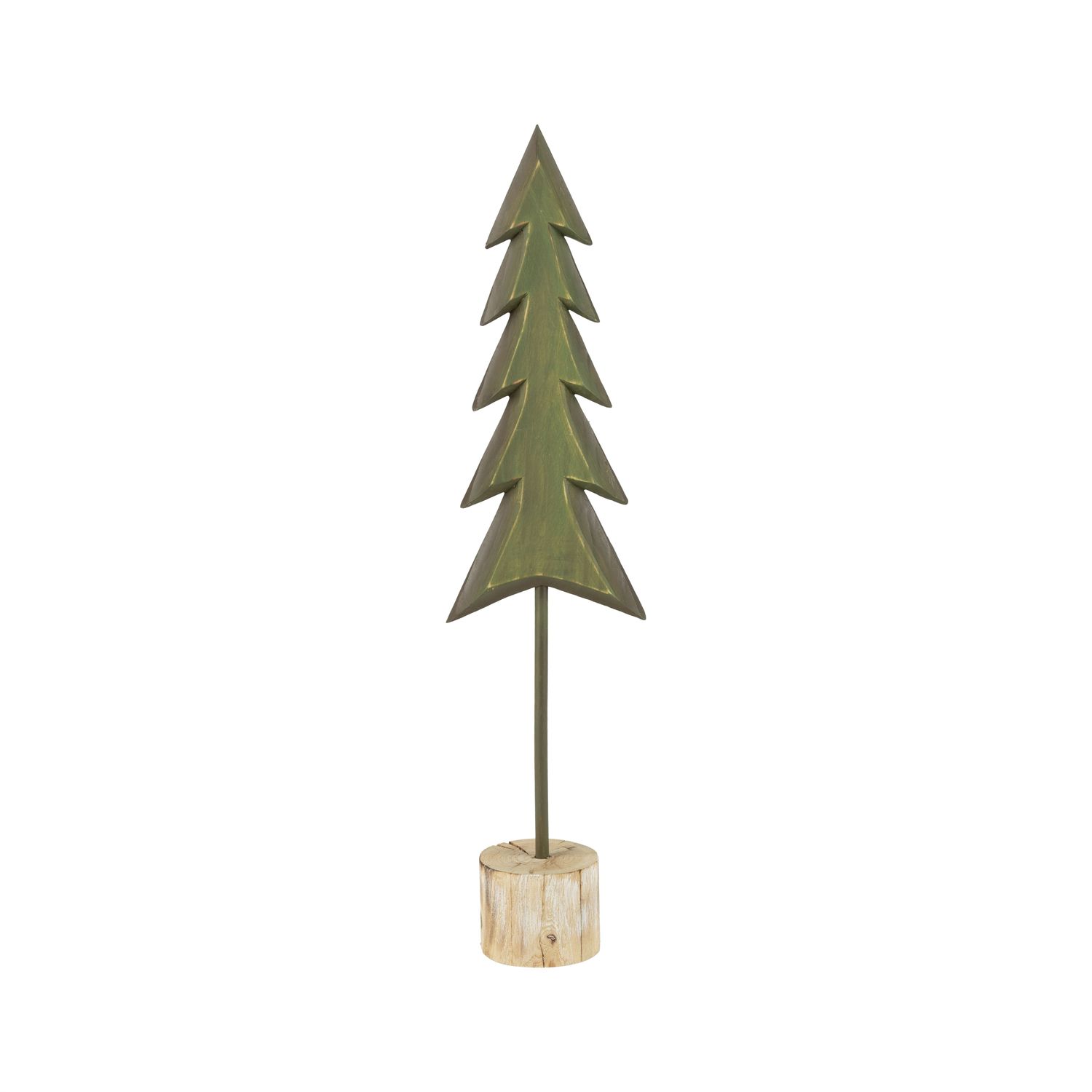Green stained wood tree with metal trunk and rustic wood base, 22 in  2      