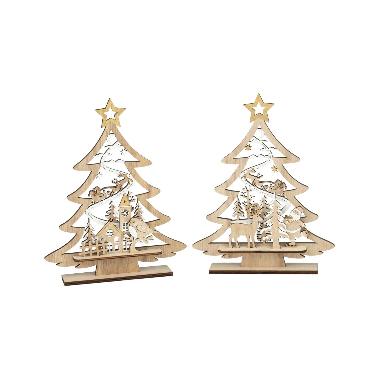 2 Asst&#39;d table top trees, white and natural wood with reindeer scenes and star toppers, 11.75 in  6      