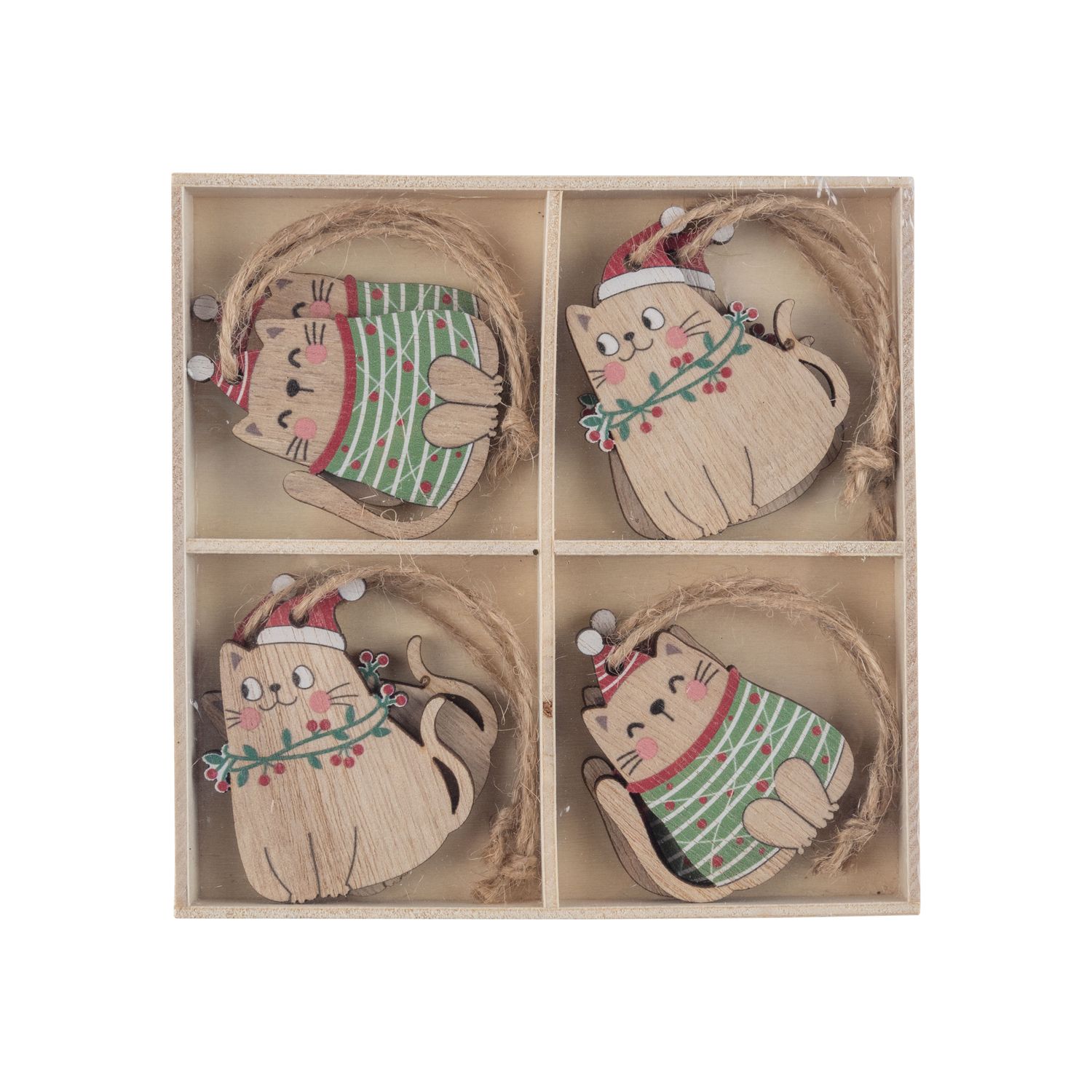 Set of 8 printed wooden cat ornaments, green-striped outfits, 5 in  6      