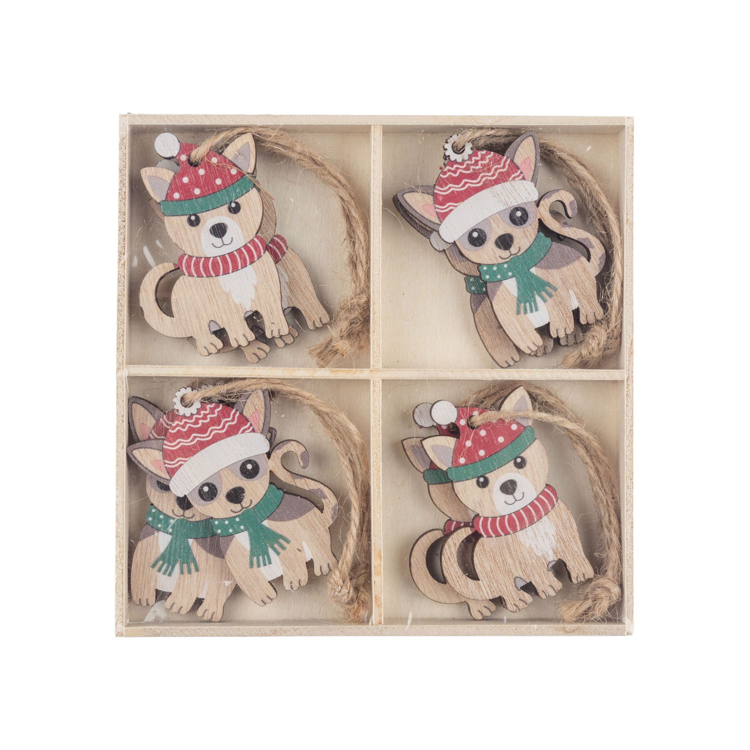 Set of 8 printed wood dog ornaments, Santa hats, red/green accents, 5 in  6      