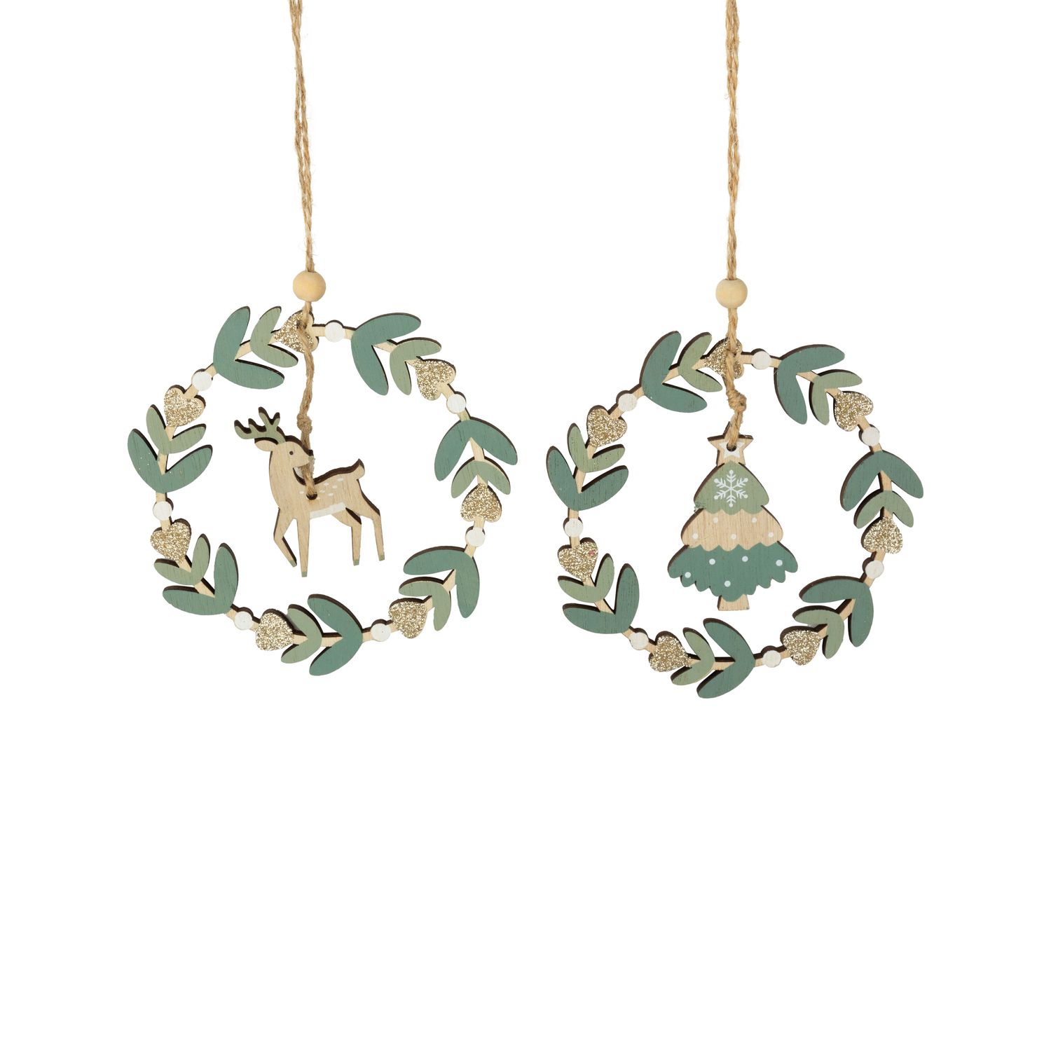 2 Asst&#39;d wood wreath ornaments, green foliage, deer/tree centerpieces, 4.7 in  24      