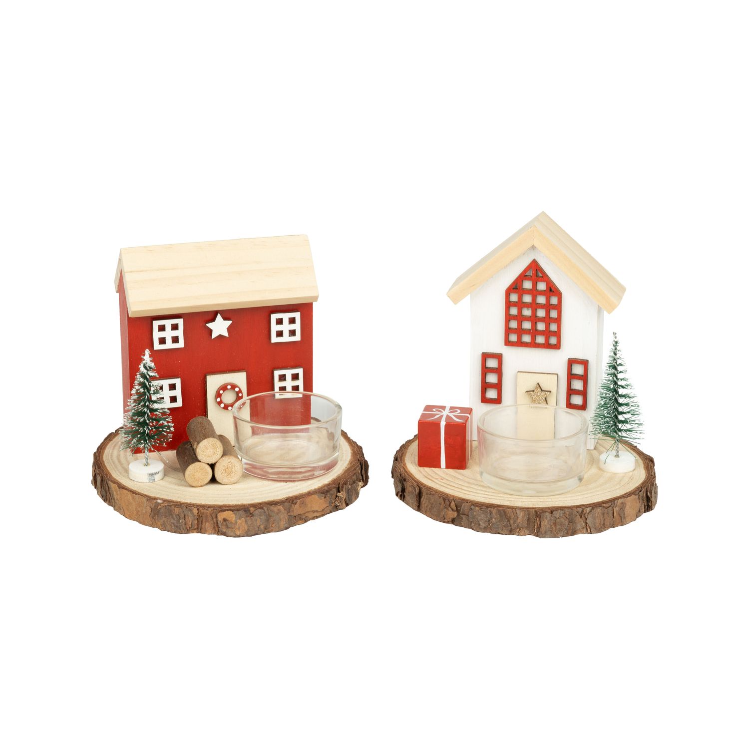 2 Asst&#39;d house on wood base tea light holder, red and white, 4.5 in  6      