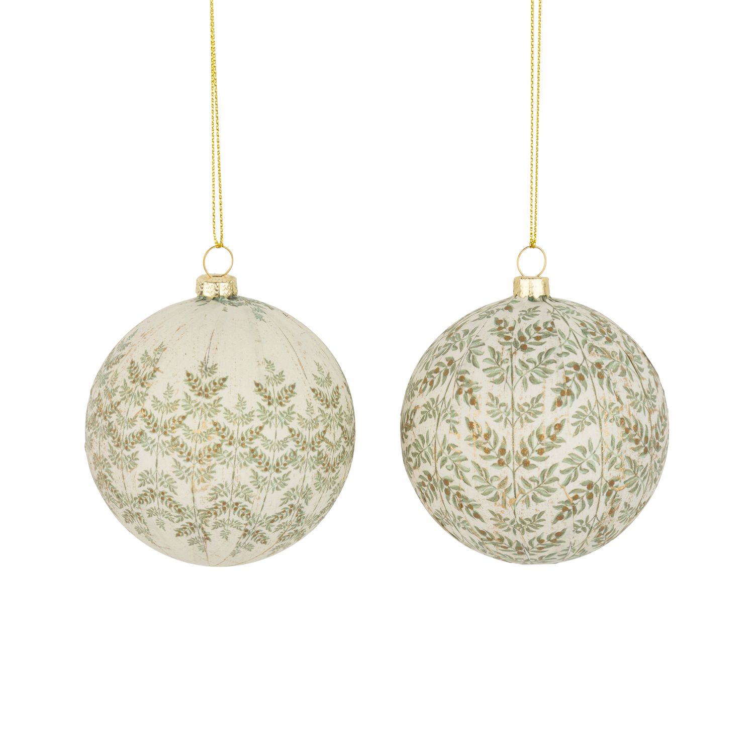 2 Asst&#39;d paper covered plastic ball ornaments with green and gold fern patterns, 3 in  12      
