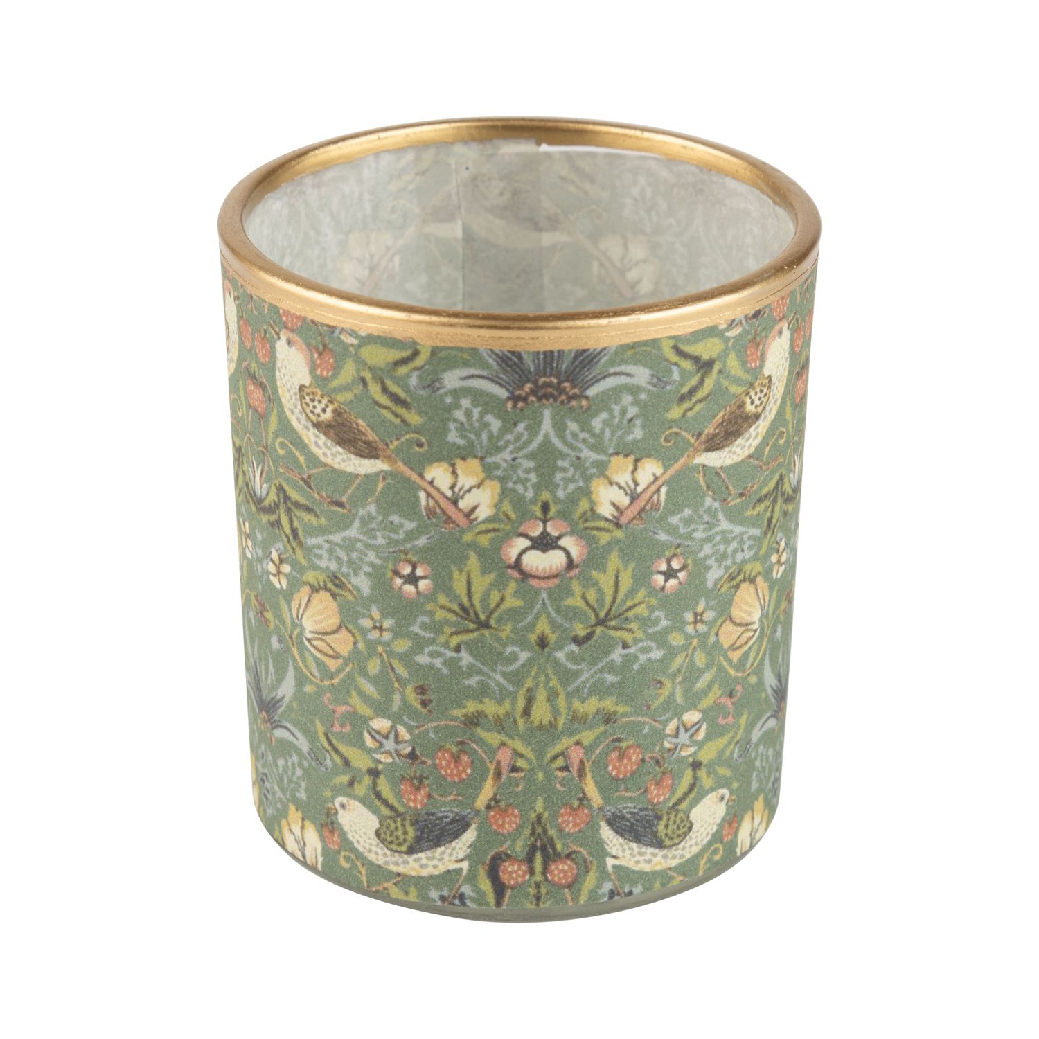 Morris print paper covered glass holder table piece, green with bird and floral motif, 3 in  6