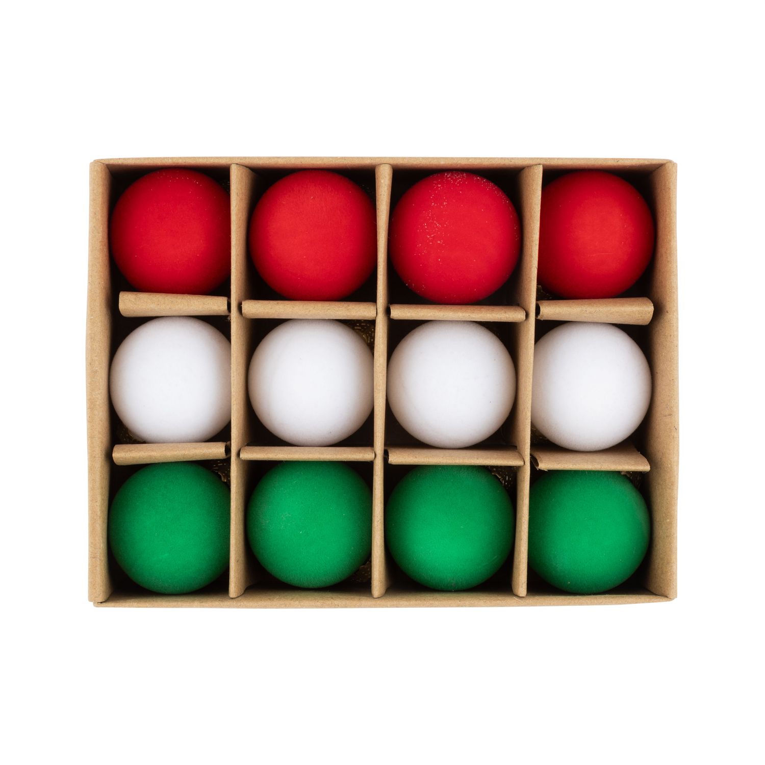 Set of 12 mini flocked covered acrylic ball ornaments in red green and white, 45mm/1.2 in per ball  8      