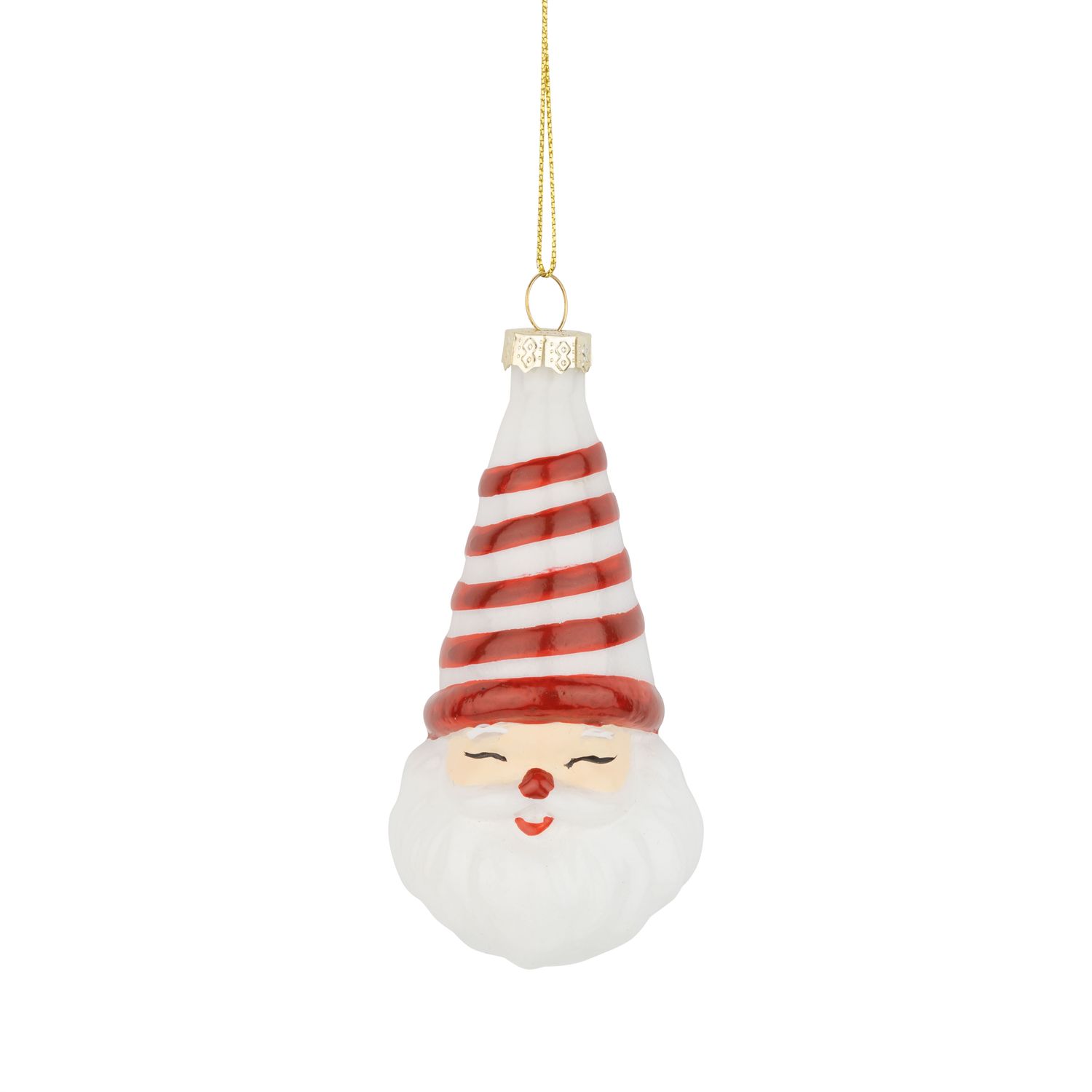 Glass Santa shaped ornament with red striped hat and smiling face, 4 in  12      
