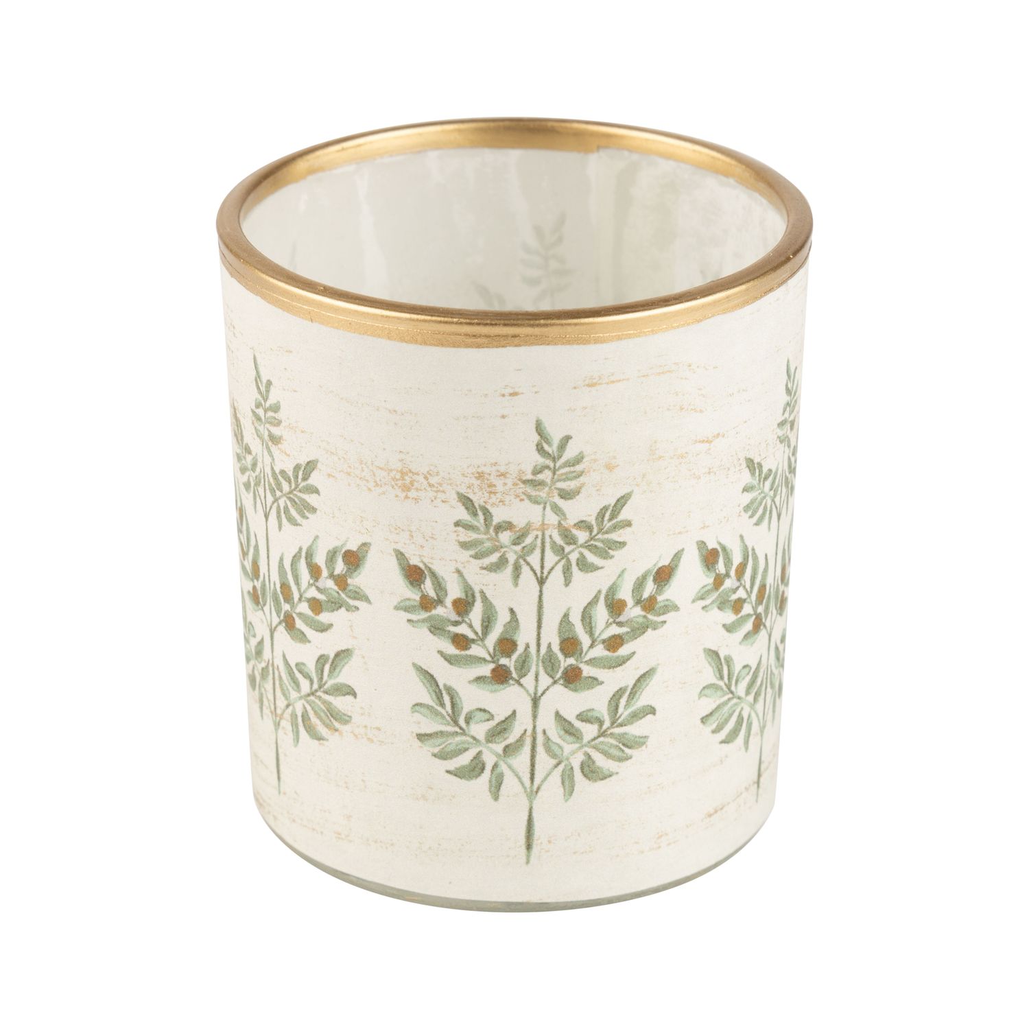 Paper covered glass holder table piece, white with golden fern design, 3 in  6