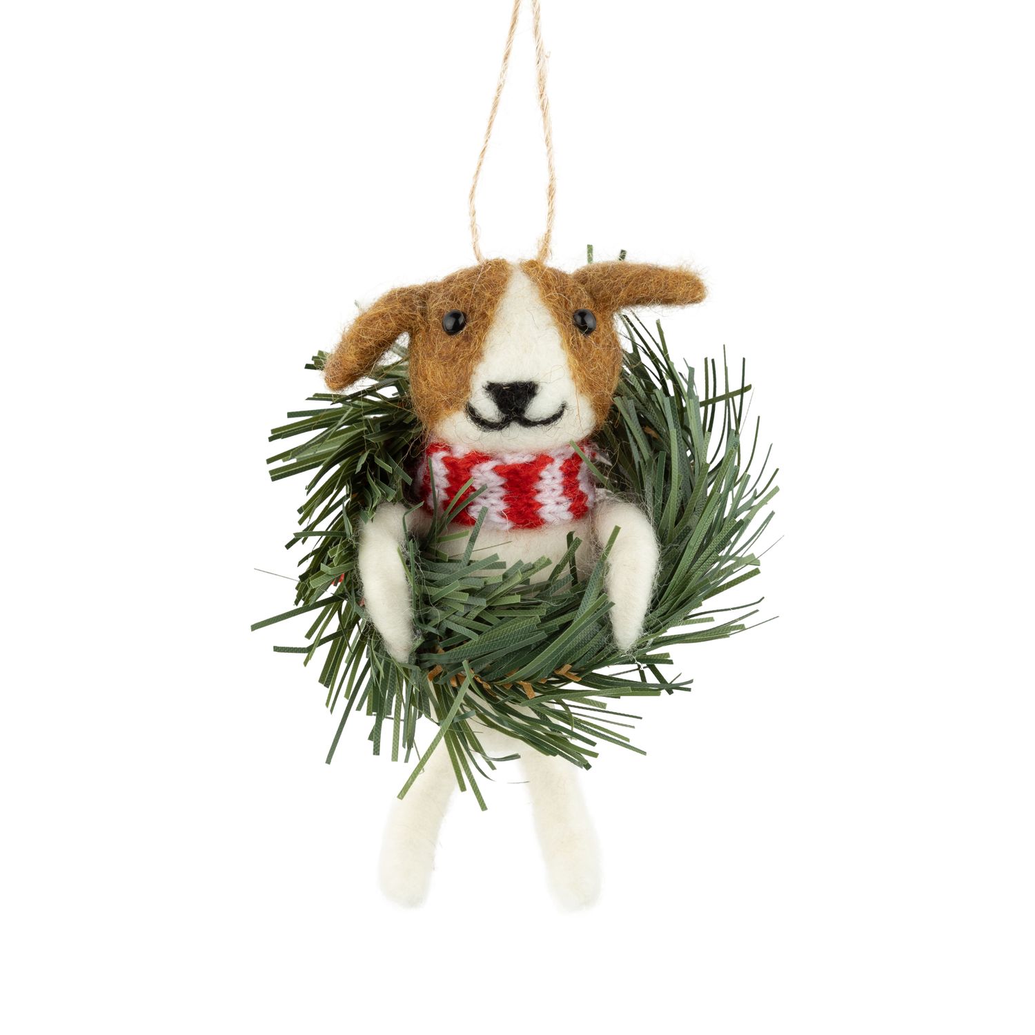 Felt dog in wreath ornament with red and white scarf, 4 in  12      