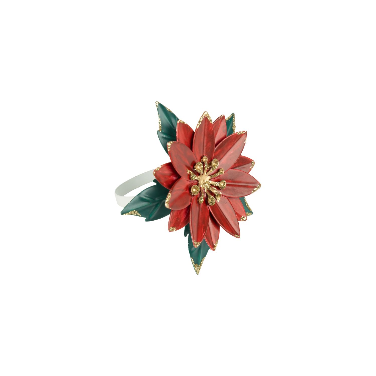 Painted metal poinsettia napkin ring, red and green, 3 in  12      