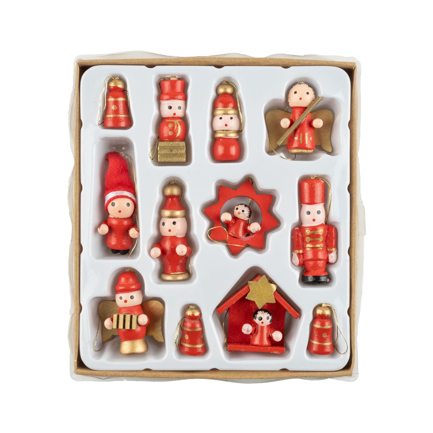 Set of 12 mini vintage painted wood ornaments, red, each orn app 1-1.5 in  6 -Z08 -25NP