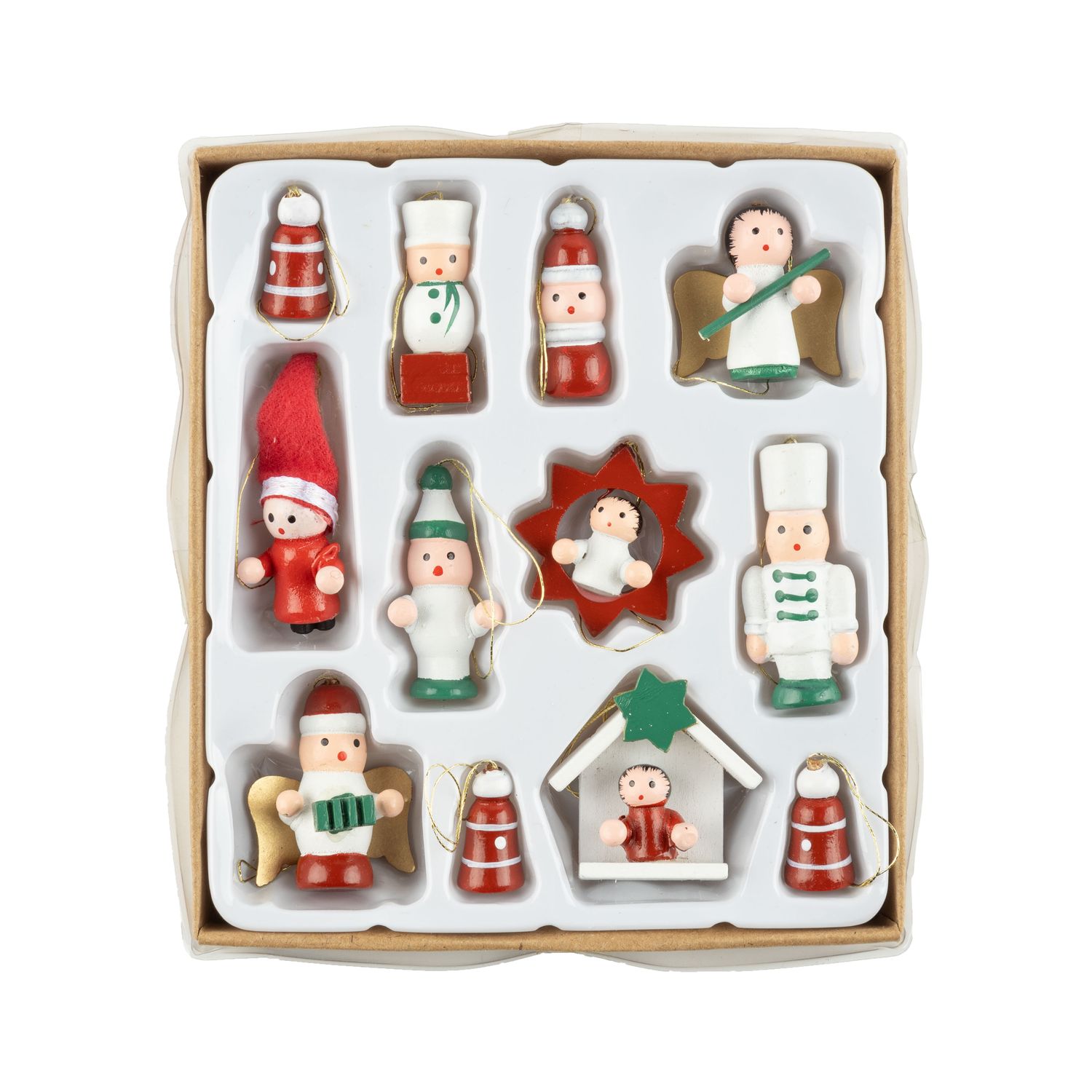 Set of 12 mini vintage painted wood ornaments, white and red, each orn app 1-1.5 in  6 -Z08 -25NP