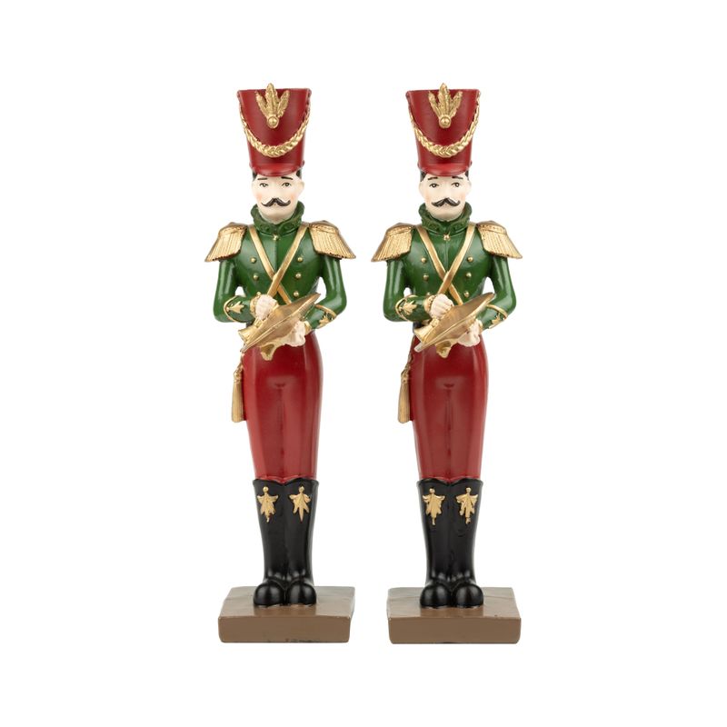 2 Asst&#39;d painted resin tall nutcracker table pieces, red and green outfits with musical instruments, 11 in  6 -Z08 -25NP