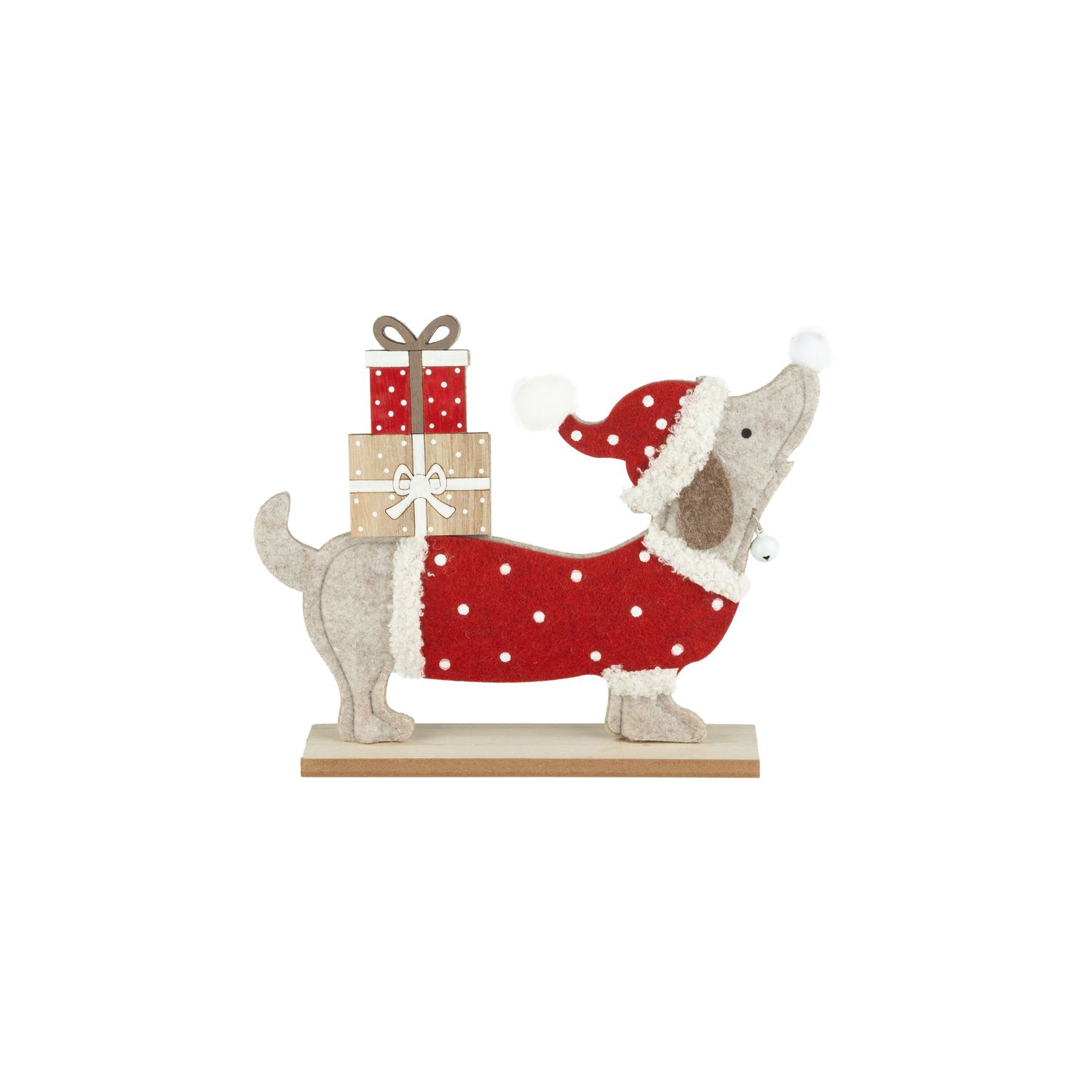 Felt tabletop felt dachshund in red Santa outfit, with gifts on and wood base, 10 in  6      