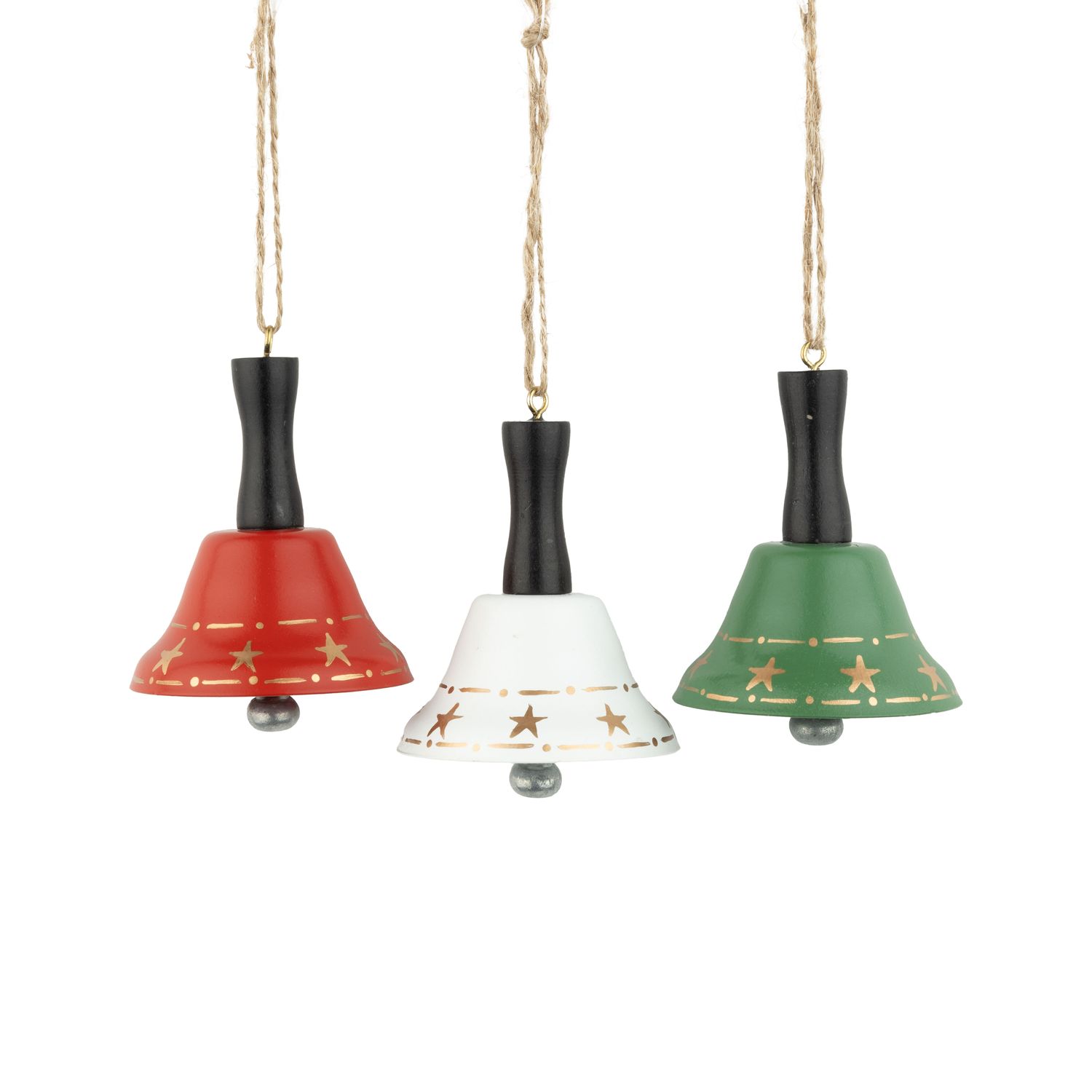 3 Asst&#39;d metal bell ornaments: red/white/green, black handles, star trim, 3 in  12      