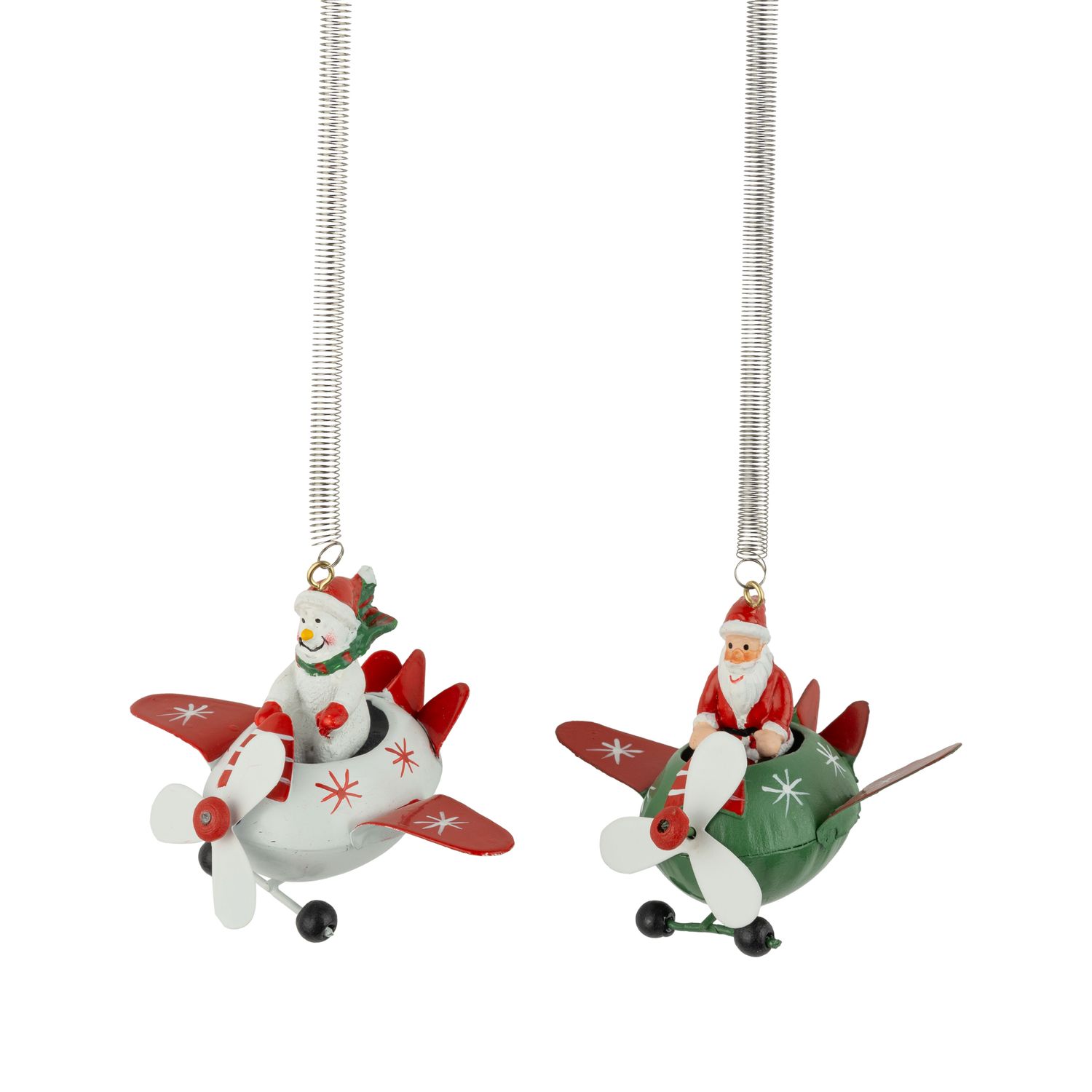 2 Asst&#39;d metal airplane ornaments on spring hangers white, red and green w/Santa and snowman, 5.5 in  12      