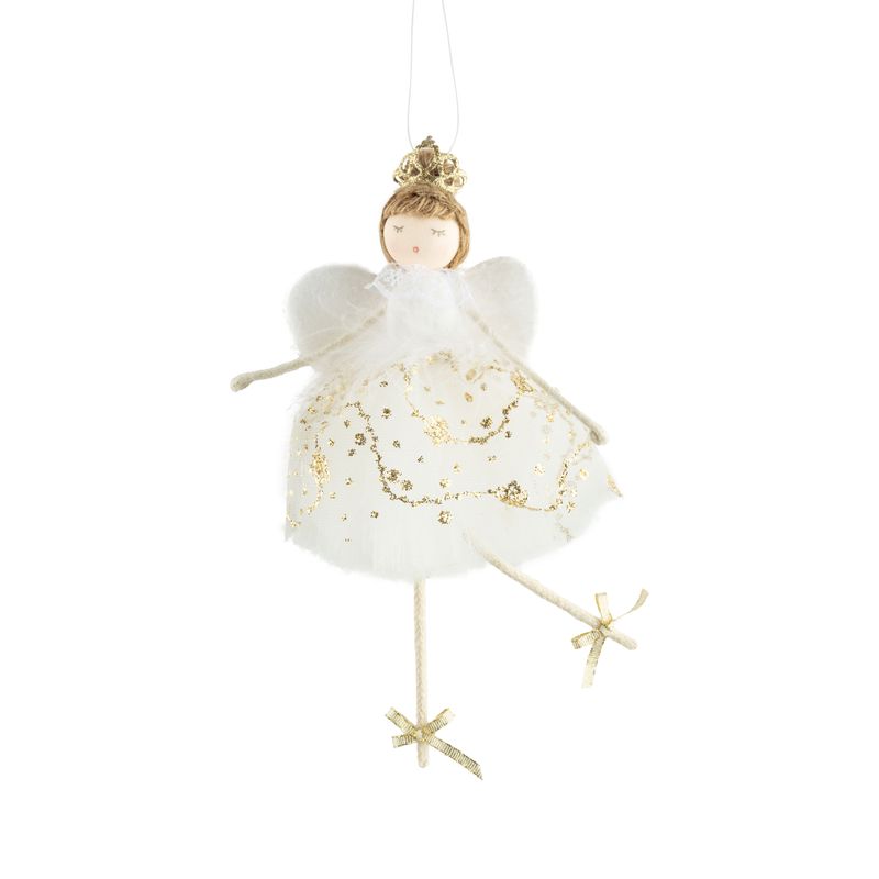 Fabric angel ornament with gold glittery tulle skirt, wings, and gold  crown, 7.5 in  12
