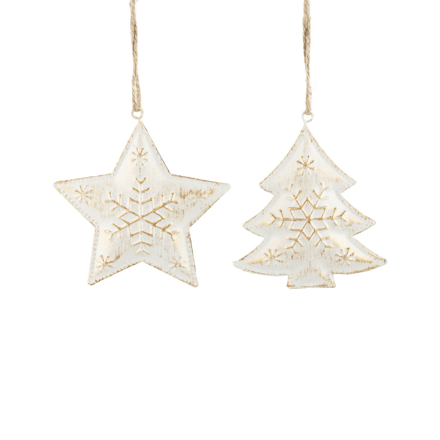 2 Asst&#39;d painted metal embossed star and tree ornament with snowflake, white with gold wash, 3.5 in  12      
