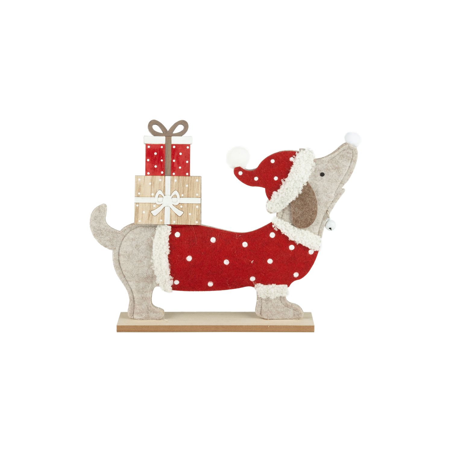 Felt tabletop felt dachshund in red Santa outfit, with gifts on and wood base, 13 in  6      
