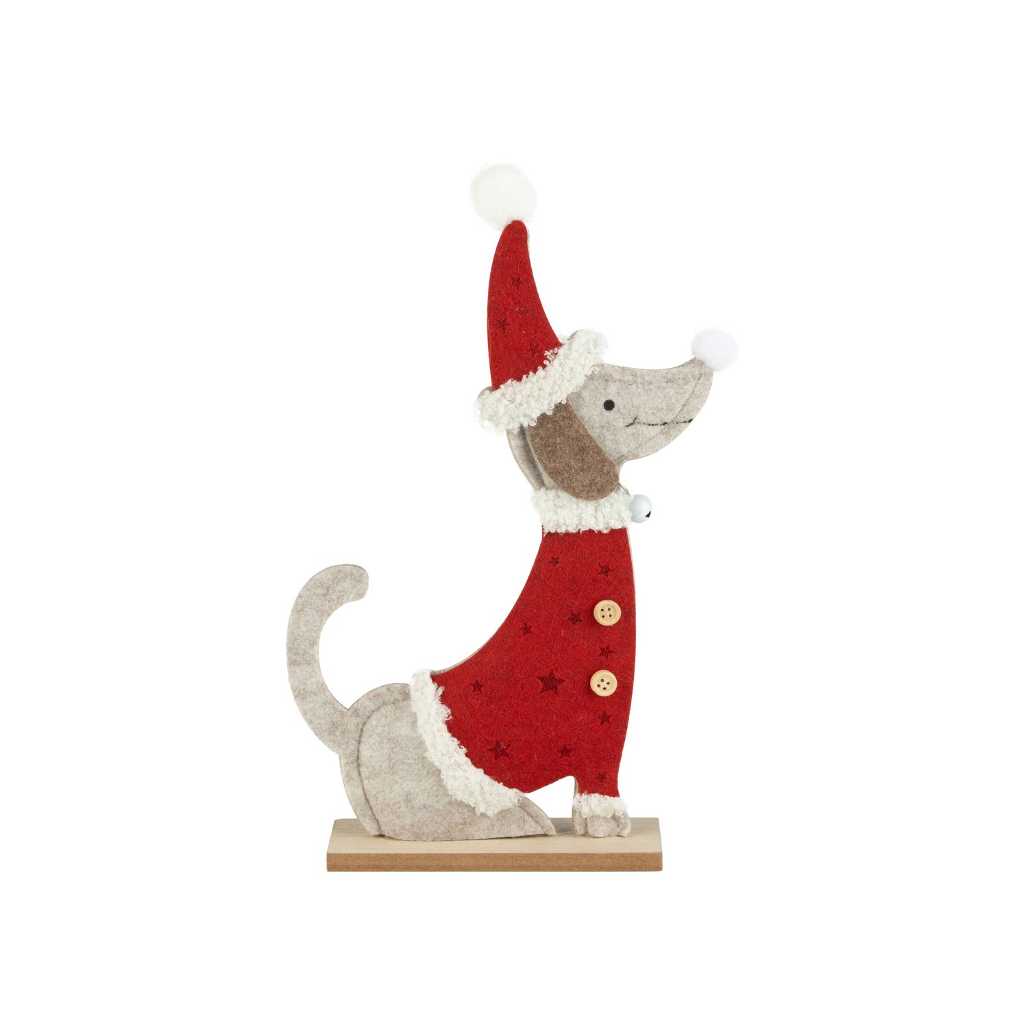 Felt tabletop daschund, red Santa outfit, white trim and wood base, 11 in  6      