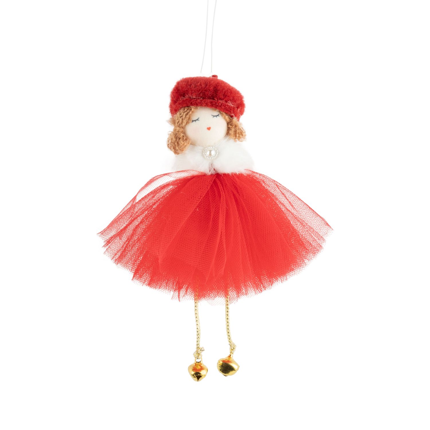 Fabric girl in hat ornament with red tulle skirt and gold details, 6.25 in  12      