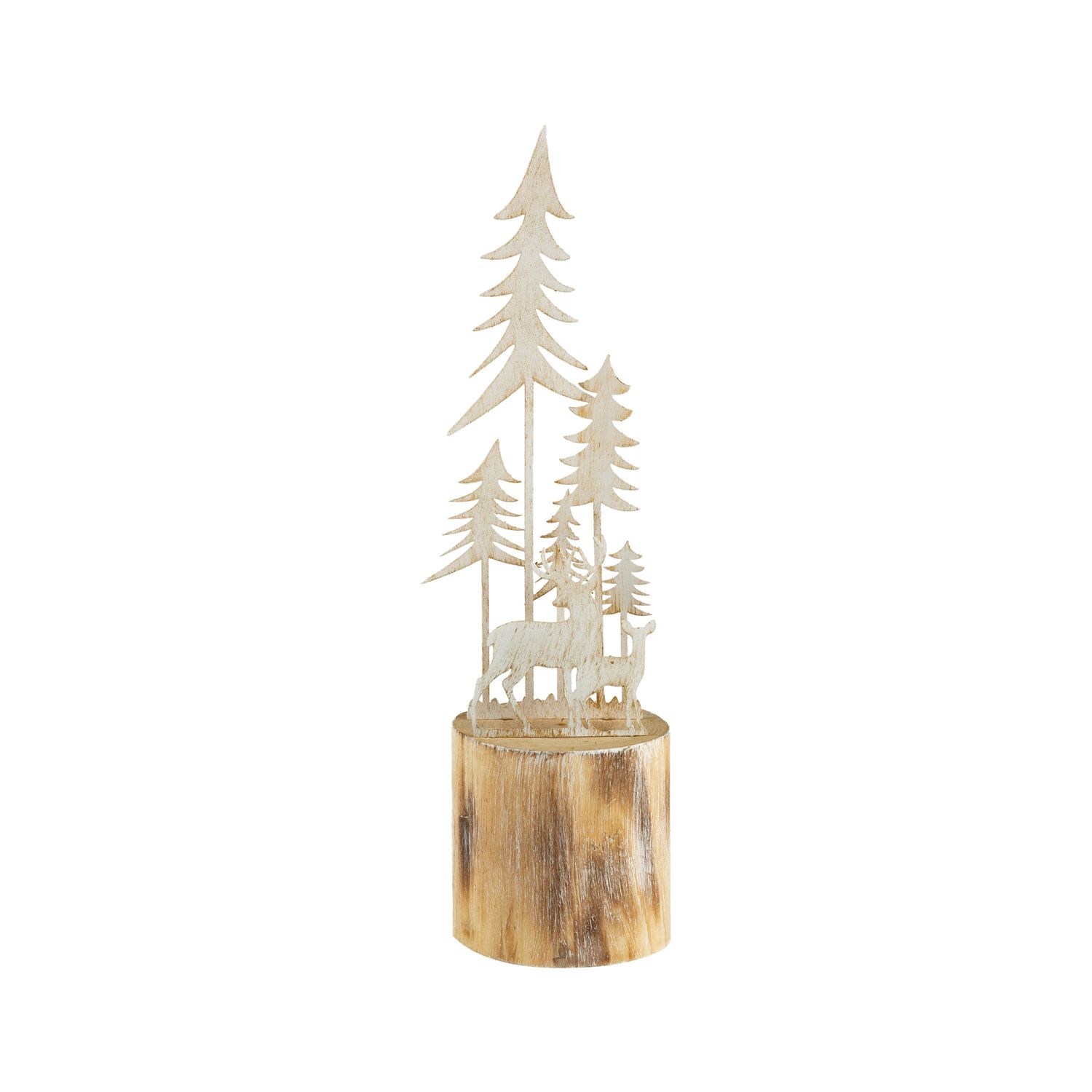 Painted white metal with gold wash vertical forest scene on rustic wood base, 12 in  6      